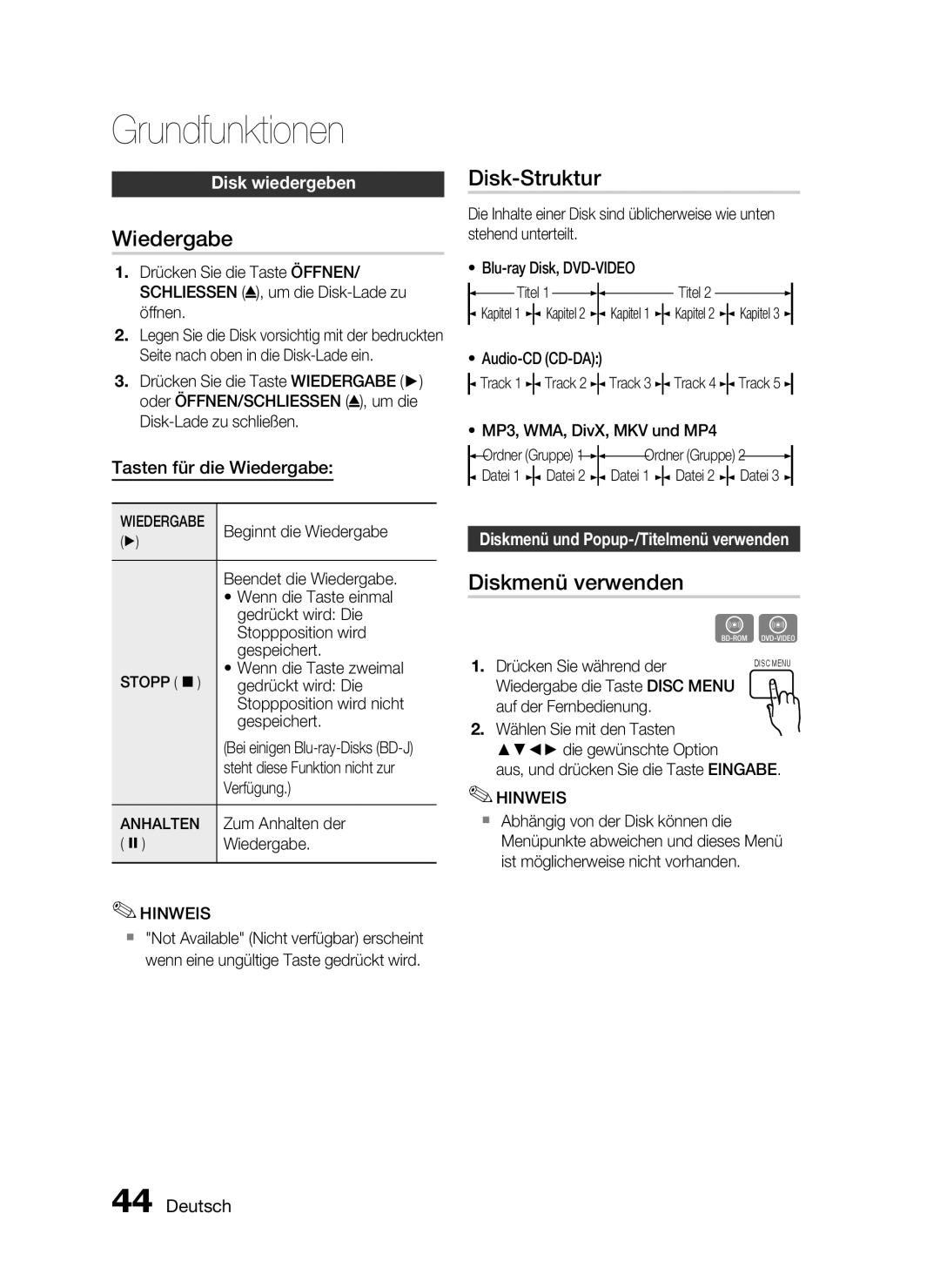 Samsung HT-C5900/XEN, HT-C5900/EDC manual Grundfunktionen, Wiedergabe, Disk-Struktur, Diskmenü verwenden 