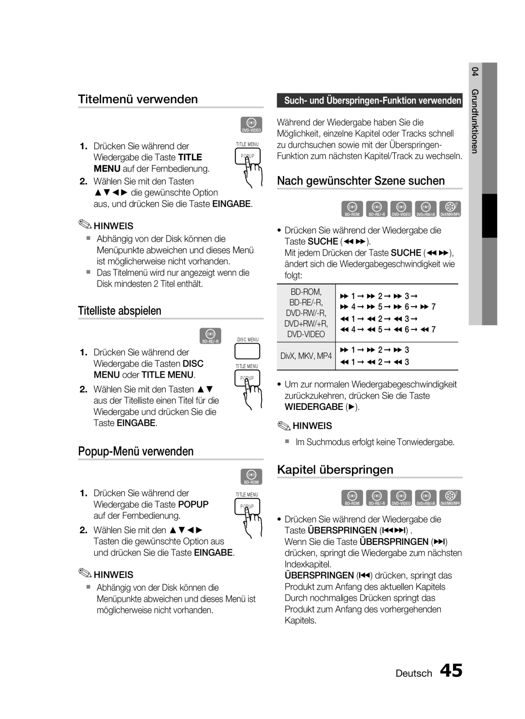 Samsung HT-C5900/EDC manual Titelmenü verwenden, Titelliste abspielen, Popup-Menü verwenden, Nach gewünschter Szene suchen 