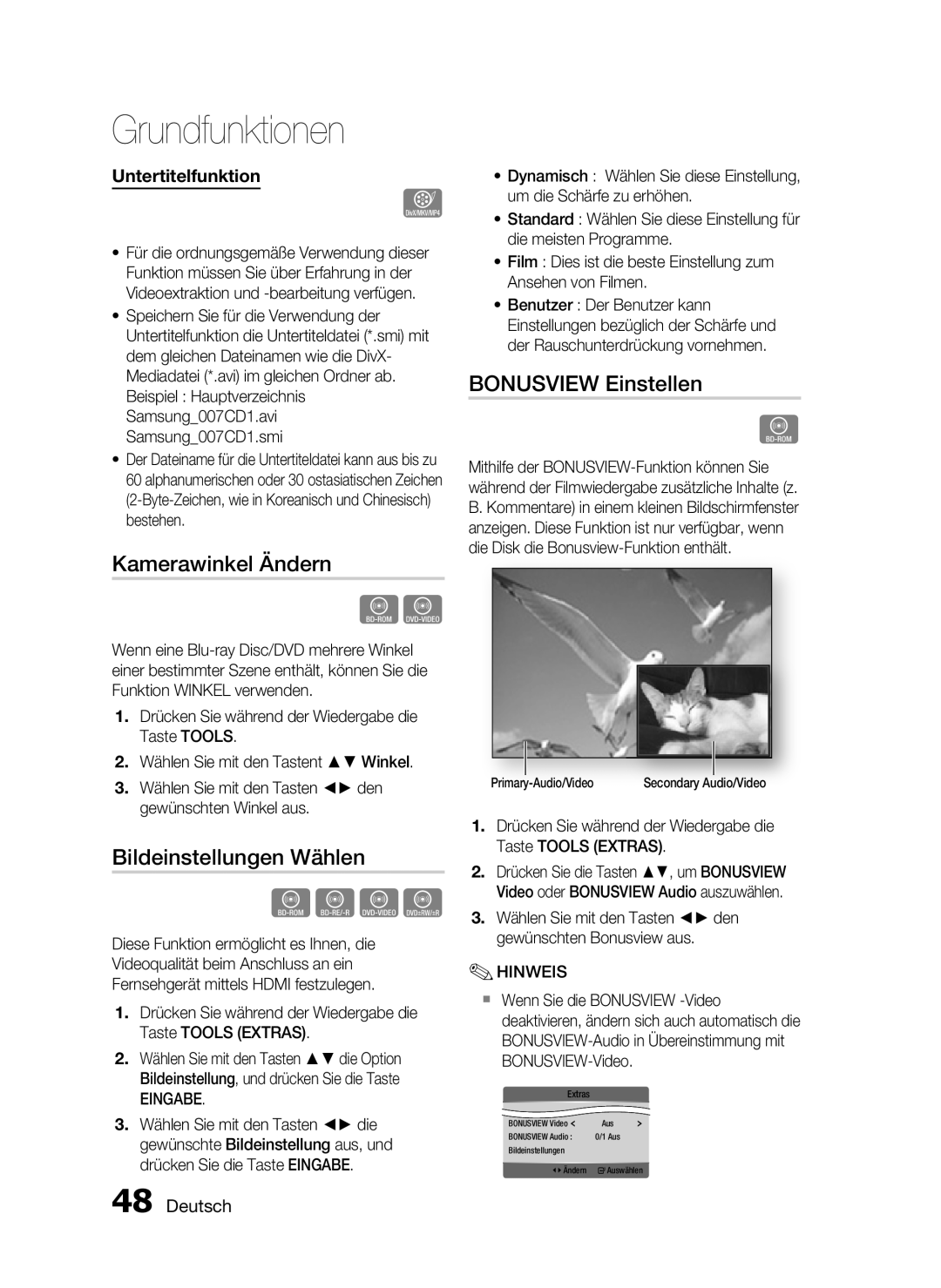 Samsung HT-C5900/XEN, HT-C5900/EDC manual Kamerawinkel Ändern, Bildeinstellungen Wählen, Bonusview Einstellen 