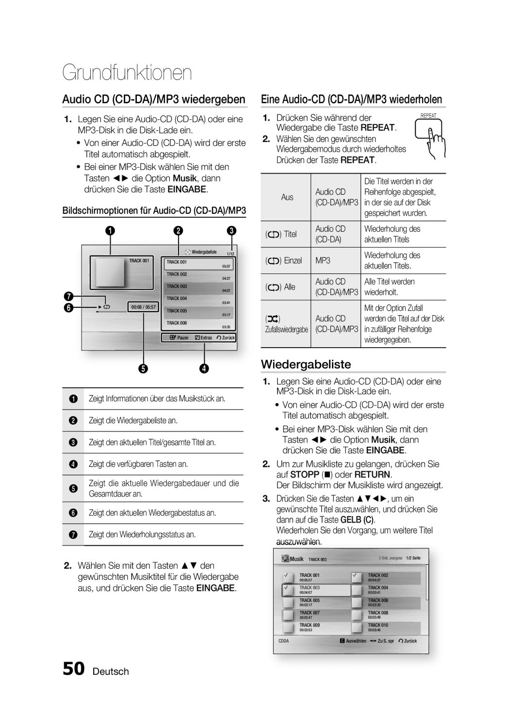 Samsung HT-C5900/XEN, HT-C5900/EDC manual Eine Audio-CD CD-DA/MP3 wiederholen, Wiedergabeliste 