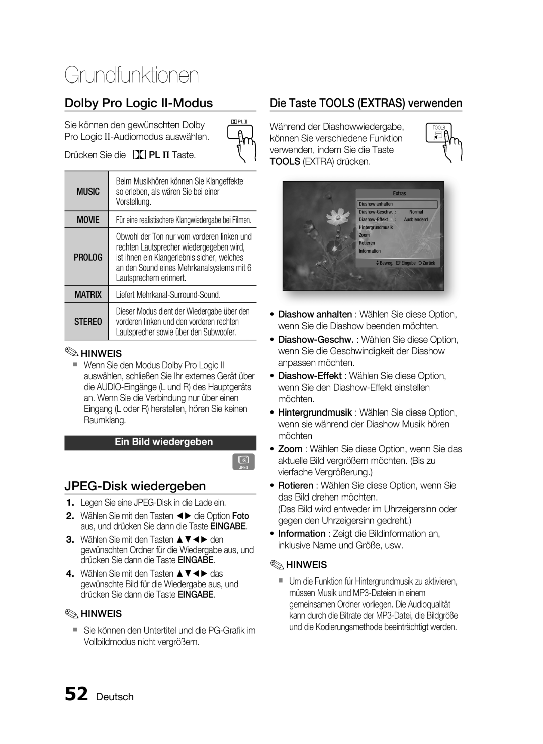 Samsung HT-C5900/XEN, HT-C5900/EDC manual Dolby Pro Logic II-Modus, JPEG-Disk wiedergeben, Die Taste Tools Extras verwenden 