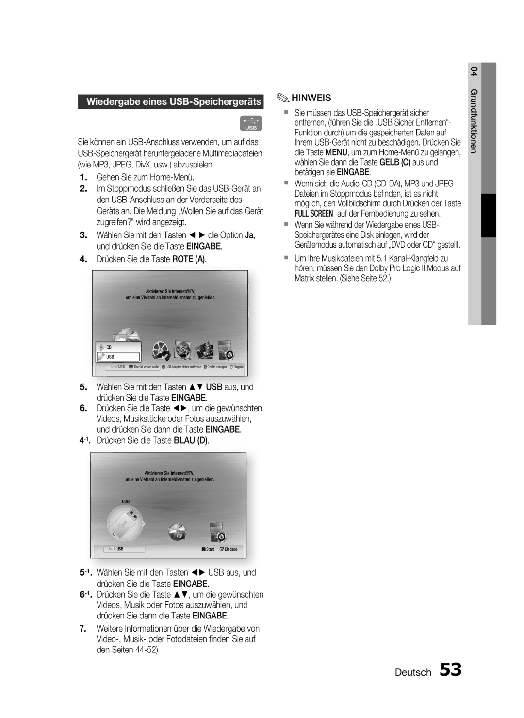 Samsung HT-C5900/EDC manual Wiedergabe eines USB-Speichergeräts, Gehen Sie zum Home-Menü, Drücken Sie die Taste Rote a 