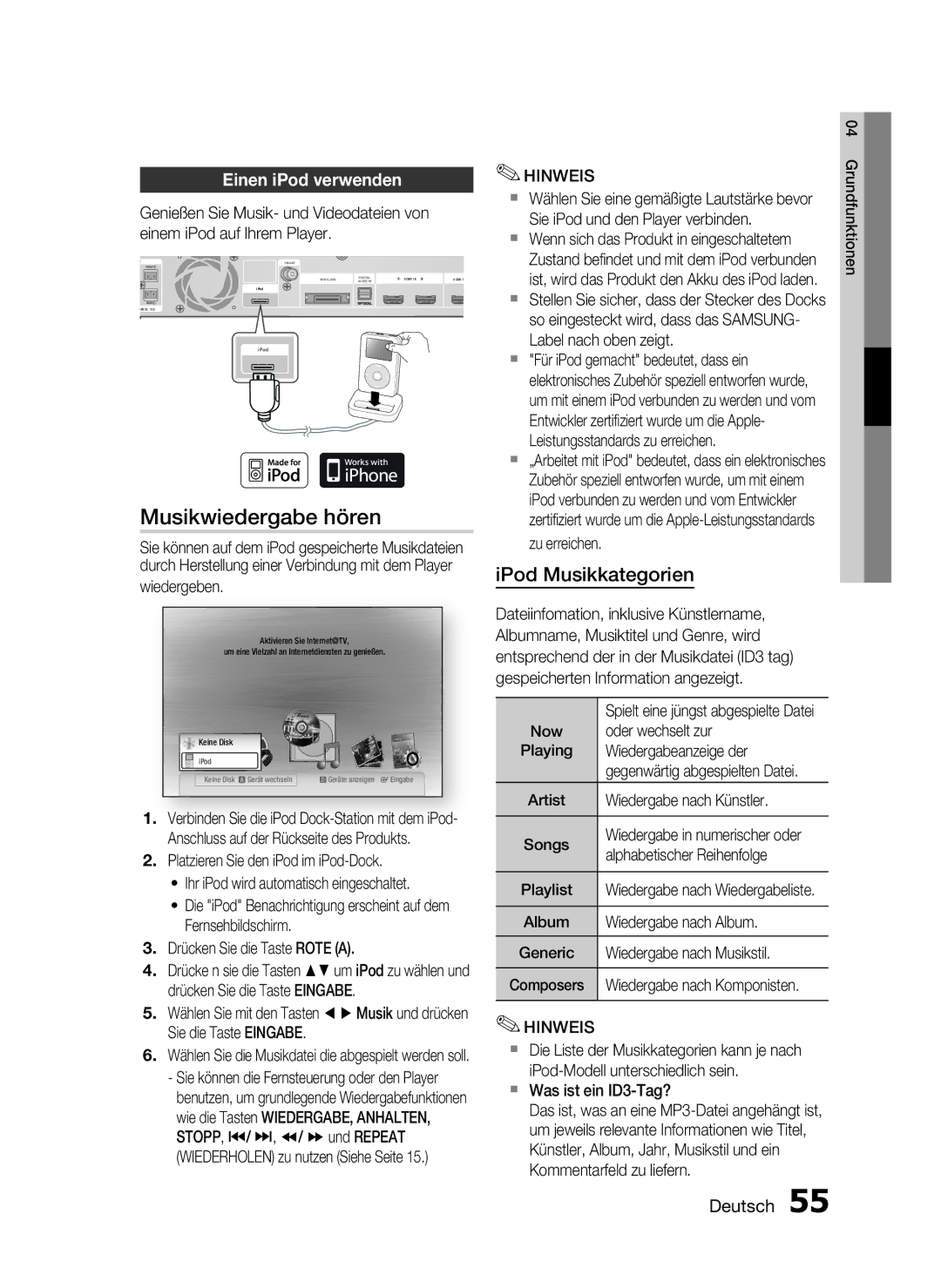 Samsung HT-C5900/EDC, HT-C5900/XEN manual Musikwiedergabe hören, Einen iPod verwenden 