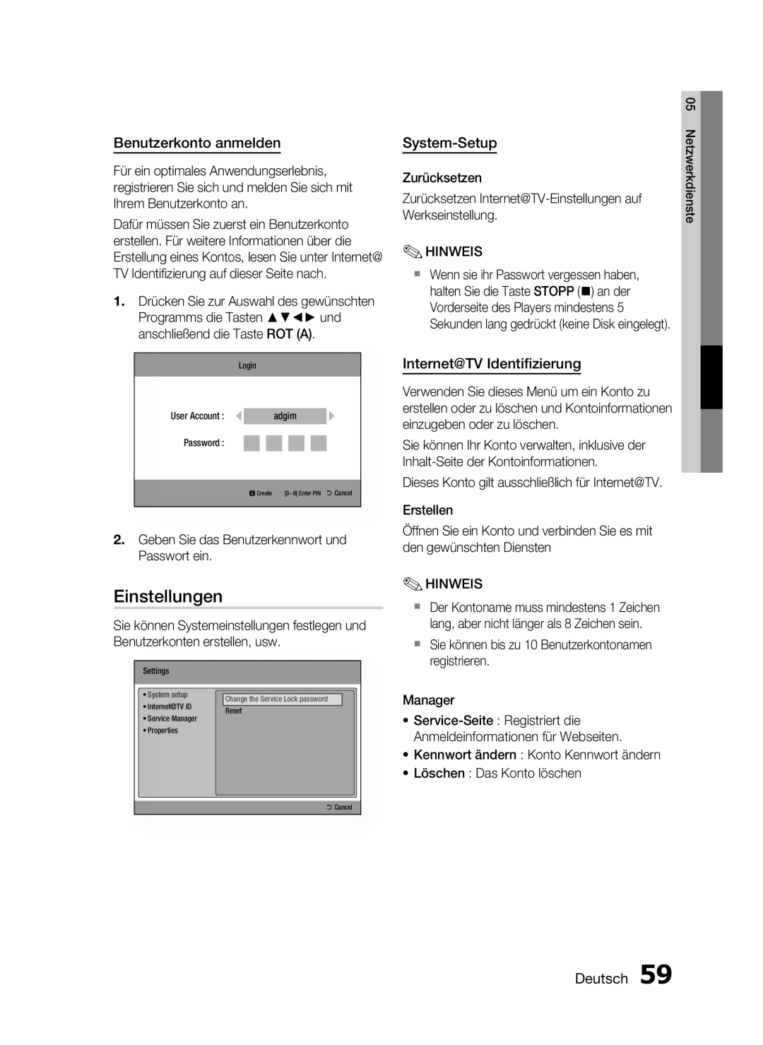 Samsung HT-C5900/EDC, HT-C5900/XEN manual Einstellungen, Benutzerkonto anmelden, System-Setup, Internet@TV Identiﬁzierung 