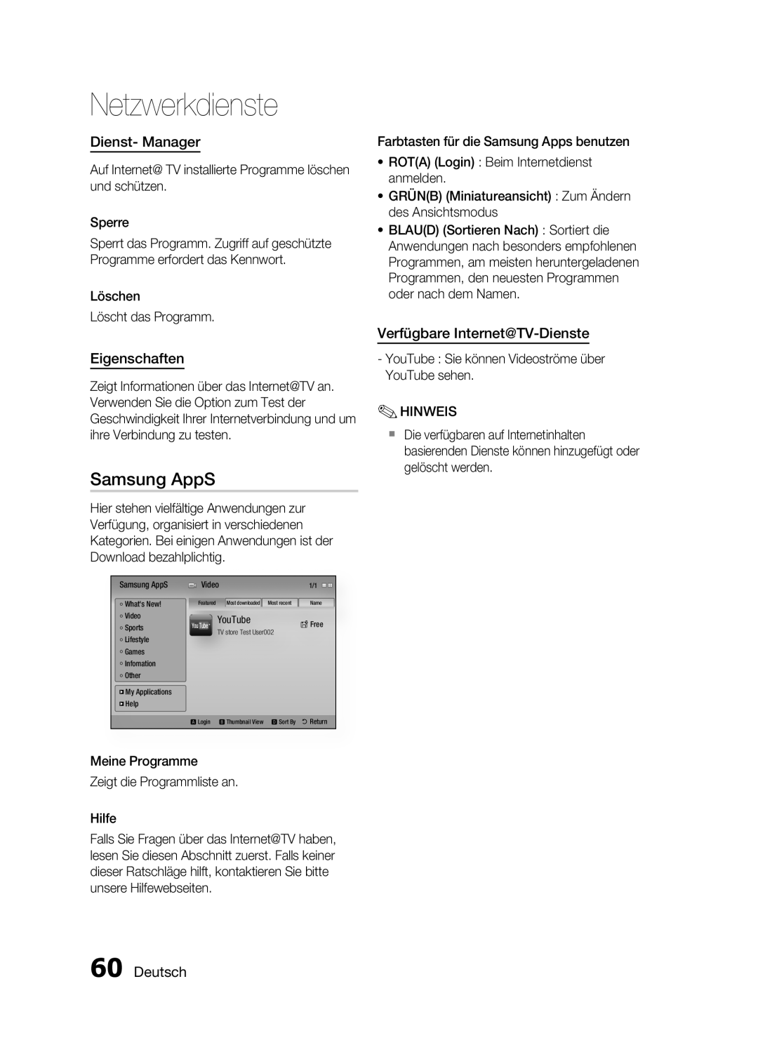 Samsung HT-C5900/XEN, HT-C5900/EDC manual Samsung AppS, Dienst- Manager, Eigenschaften, Verfügbare Internet@TV-Dienste 