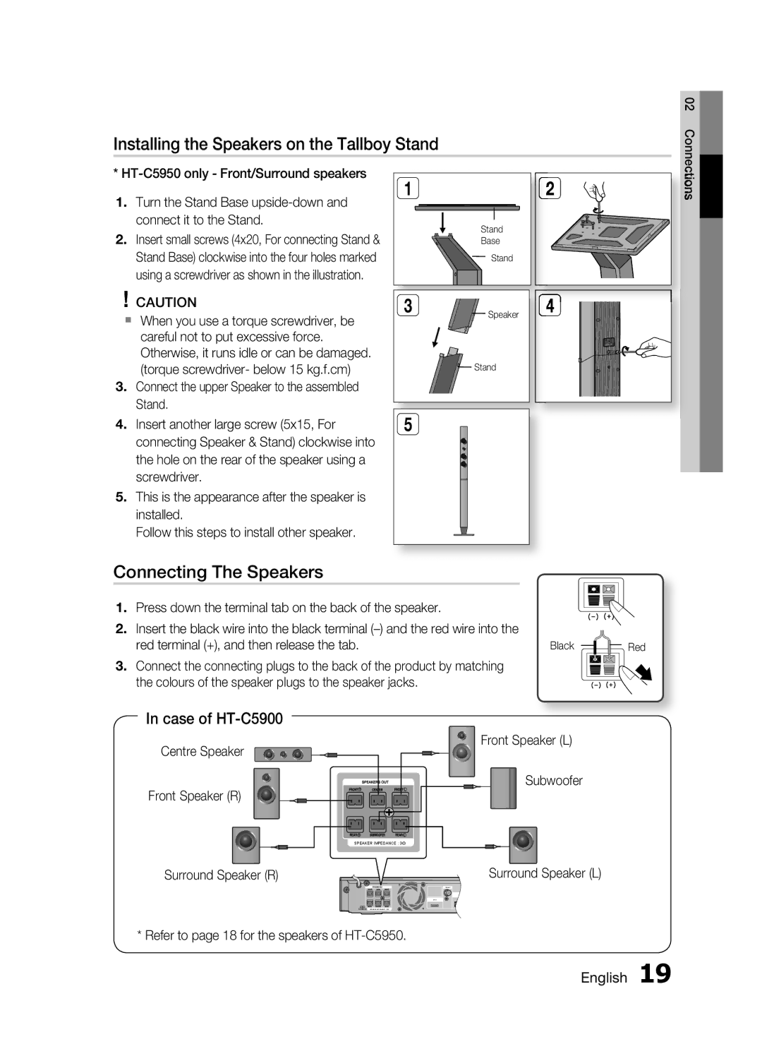 Samsung HT-C5950P/XER manual Installing the Speakers on the Tallboy Stand, Connecting The Speakers, Surround Speaker R 