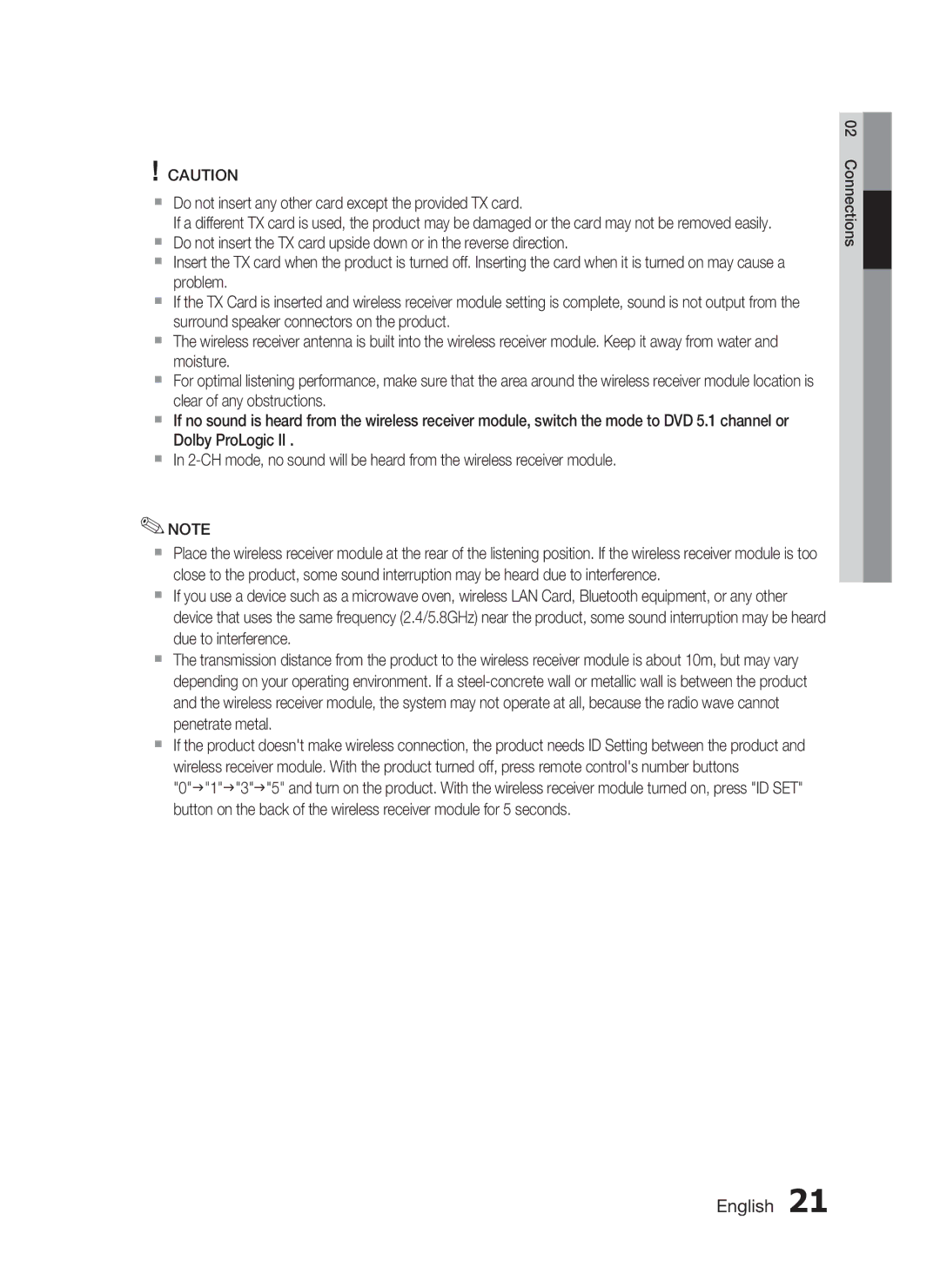 Samsung HT-C5950/XER, HT-C5950P/XER, HT-C5900/XER manual  Do not insert any other card except the provided TX card 