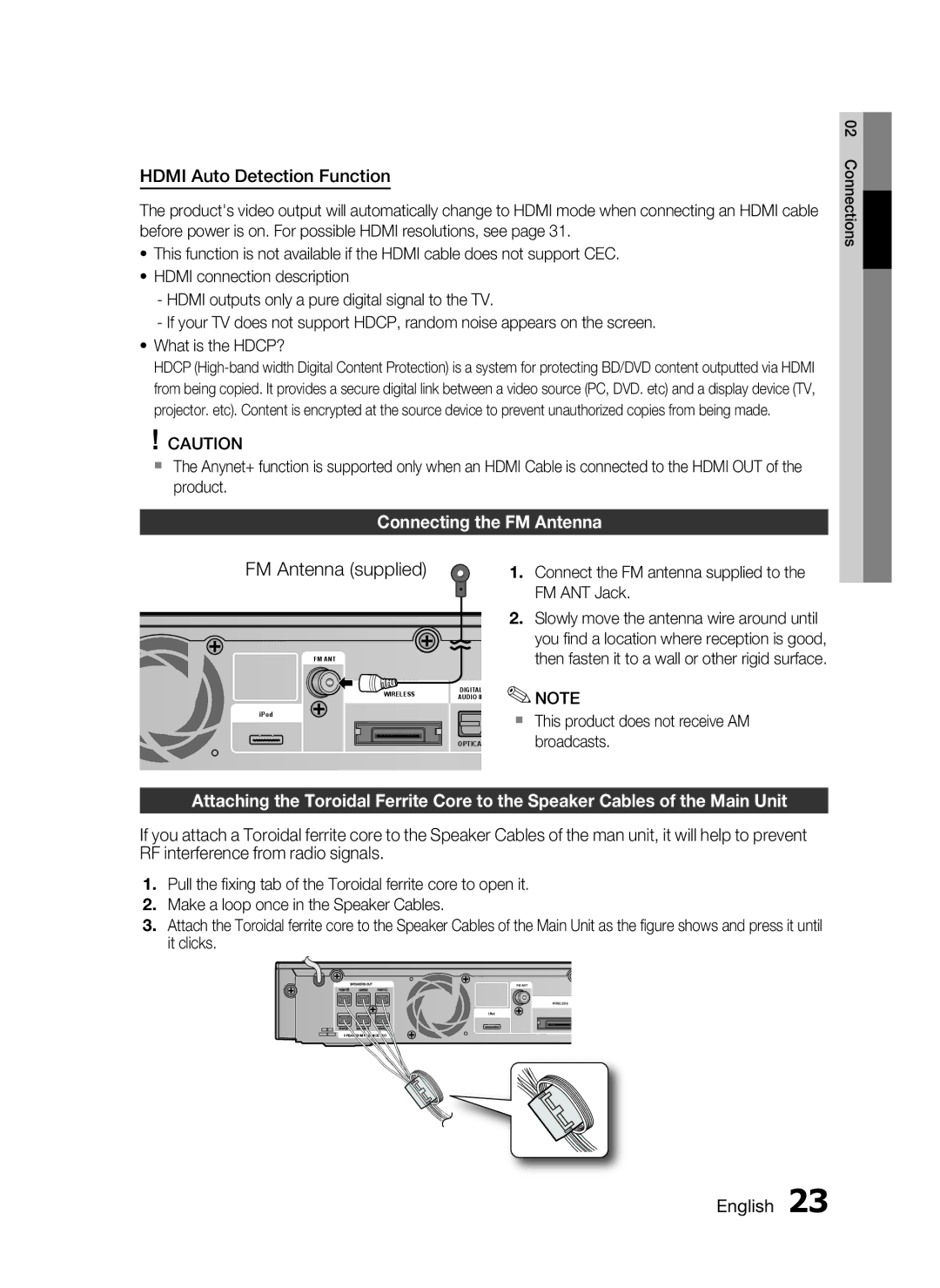 Samsung HT-C5900/XER, HT-C5950/XER, HT-C5950P/XER manual Hdmi Auto Detection Function, Connecting the FM Antenna 