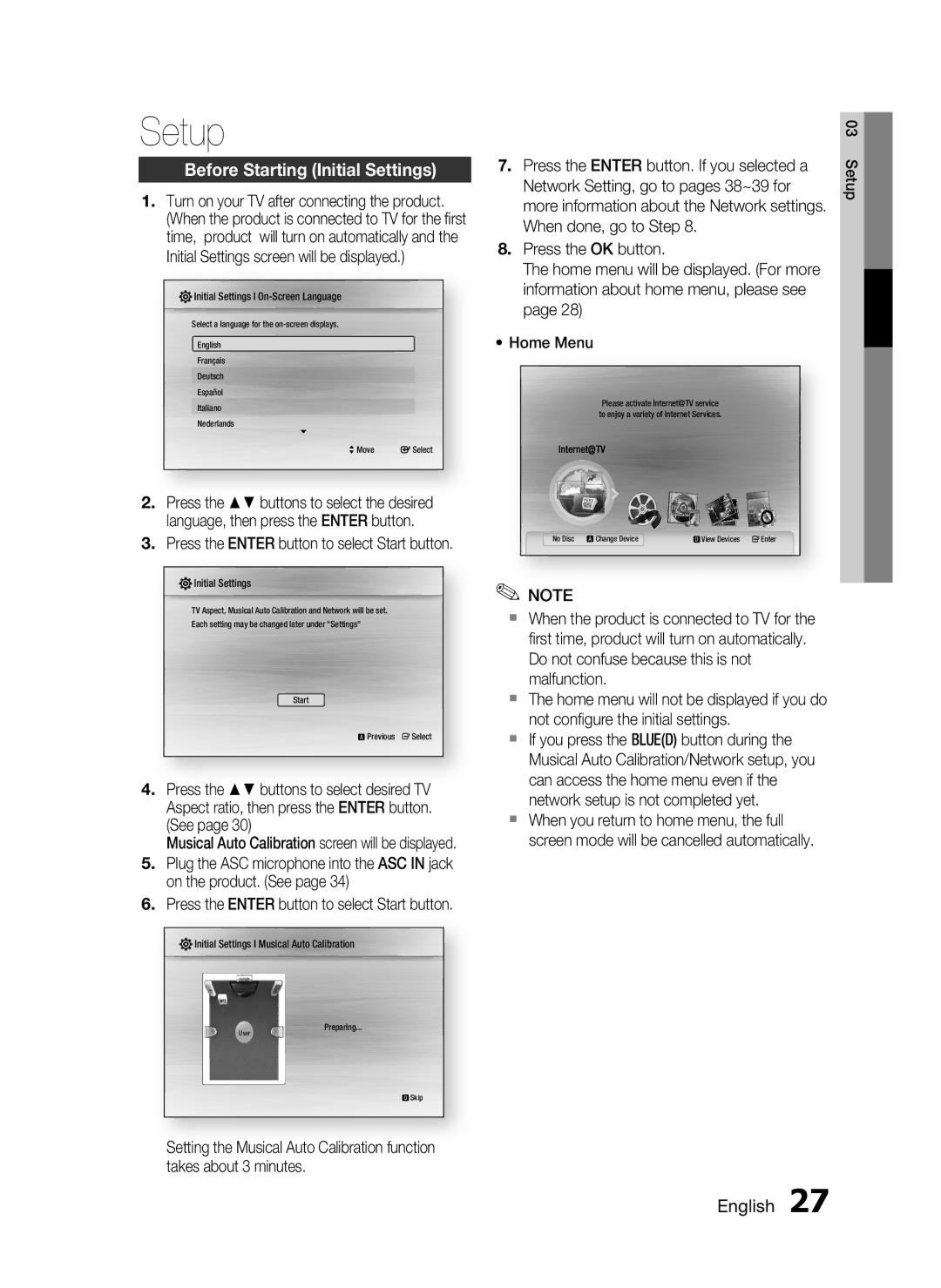 Samsung HT-C5950/XER, HT-C5950P/XER Setup, Before Starting Initial Settings, Press the Enter button to select Start button 