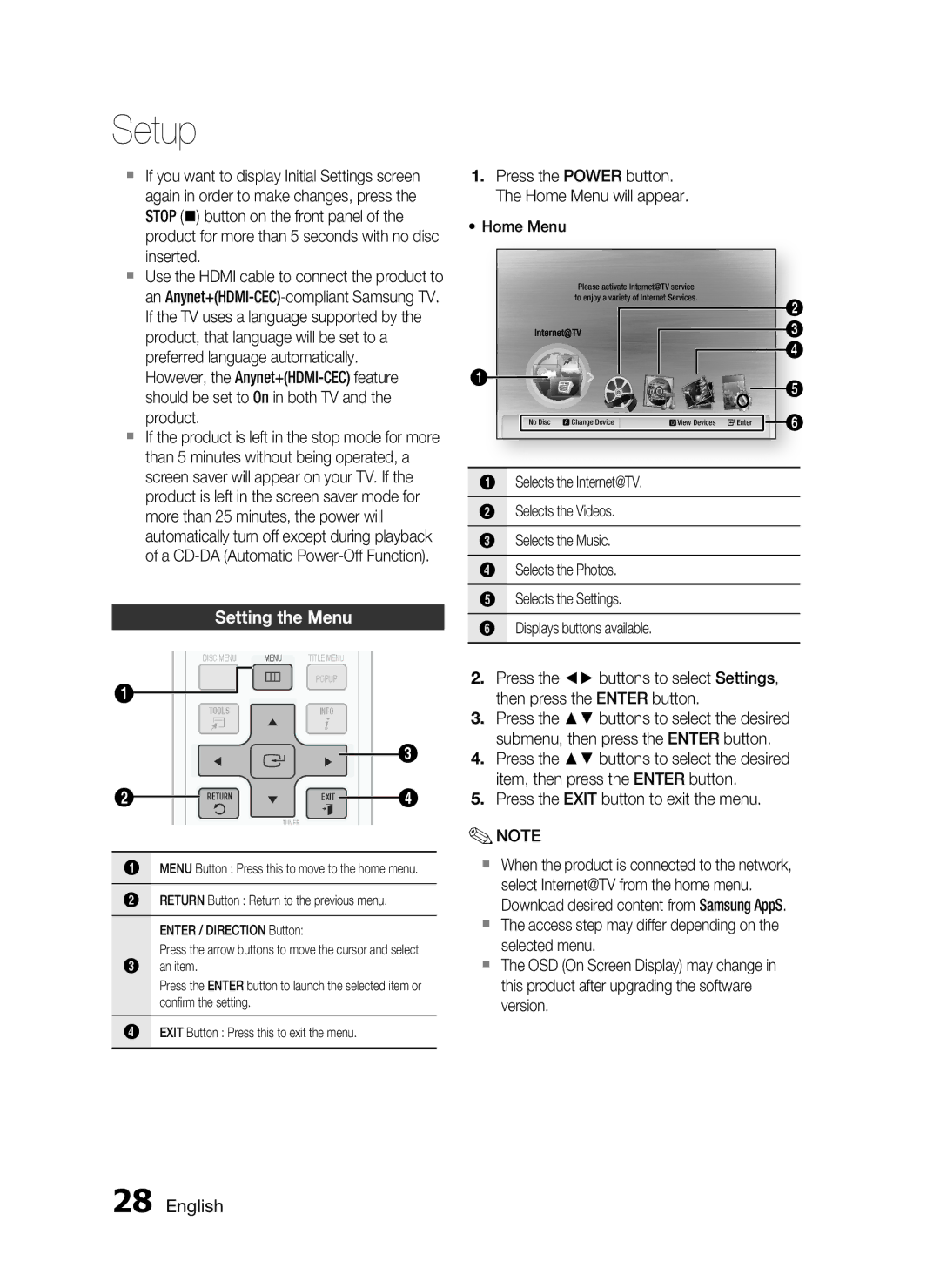 Samsung HT-C5950P/XER, HT-C5950/XER Setting the Menu, Then press the Enter button, Submenu, then press the Enter button 