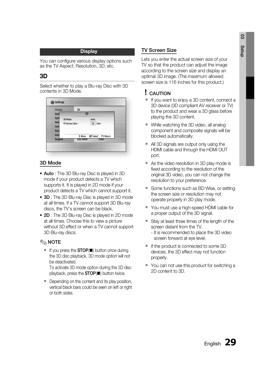 Samsung HT-C5900/XER, HT-C5950/XER, HT-C5950P/XER manual Display, 3D Mode, TV Screen Size 