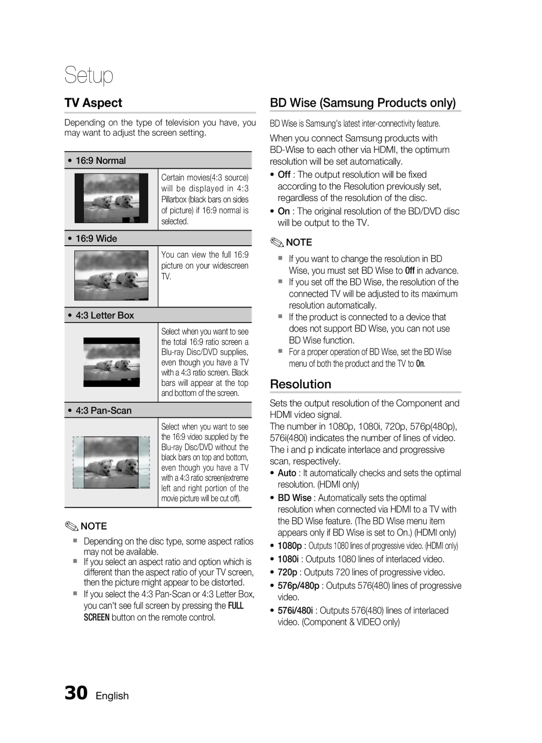 Samsung HT-C5950/XER, HT-C5950P/XER, HT-C5900/XER manual BD Wise Samsung Products only, Resolution, Pan-Scan 