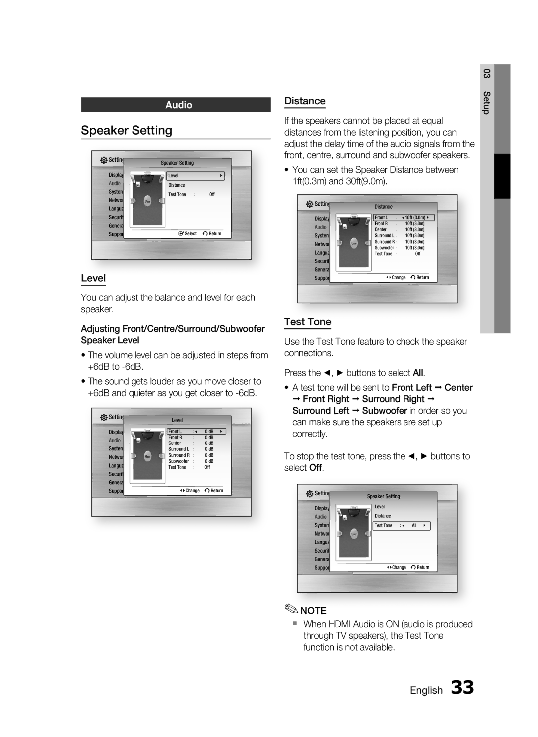 Samsung HT-C5950/XER, HT-C5950P/XER, HT-C5900/XER manual Speaker Setting, Audio, Level, Distance, Test Tone 