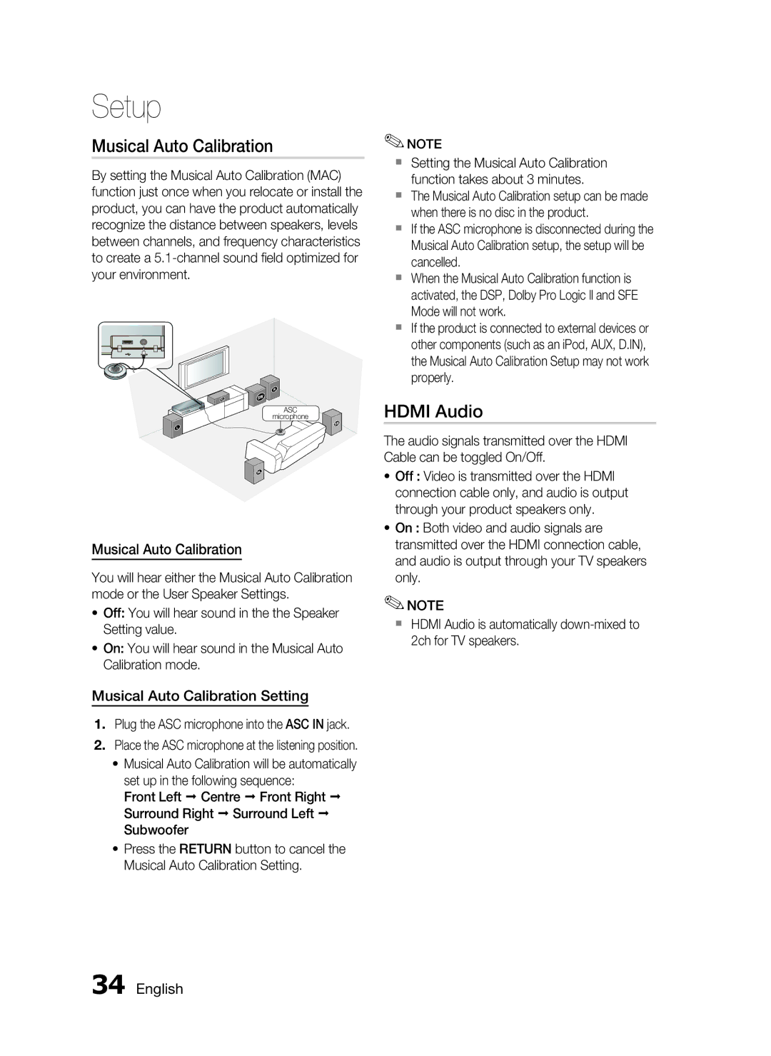 Samsung HT-C5950P/XER manual Hdmi Audio, Musical Auto Calibration Setting, Plug the ASC microphone into the ASC in jack 