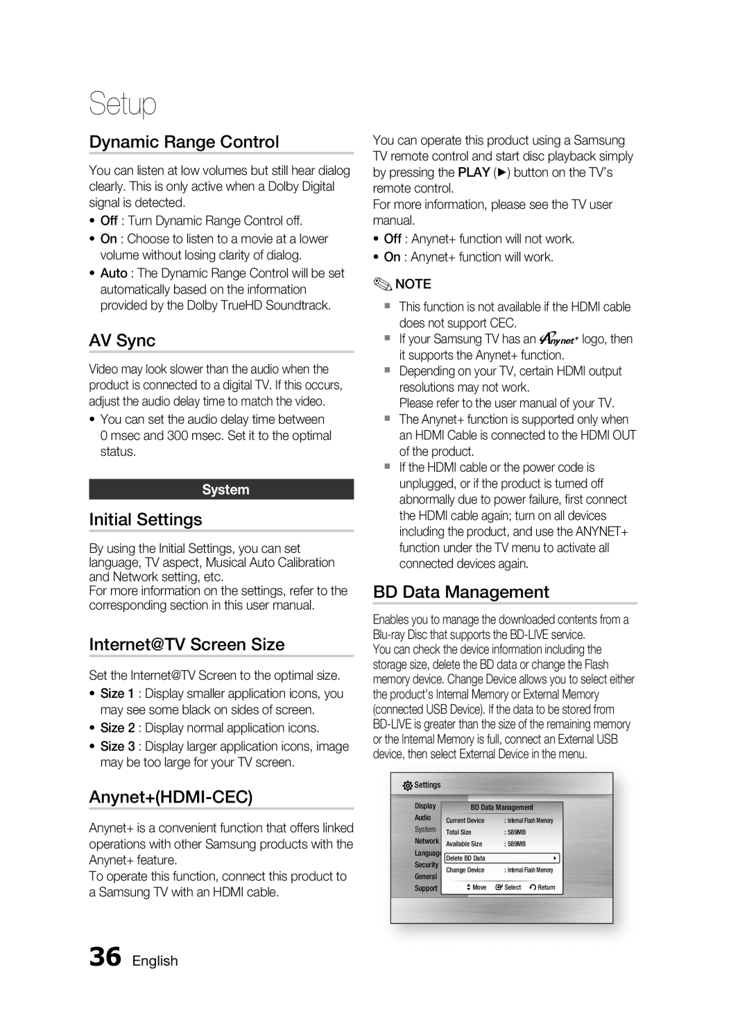 Samsung HT-C5950/XER manual Dynamic Range Control, AV Sync, Initial Settings, Internet@TV Screen Size, Anynet+HDMI-CEC 