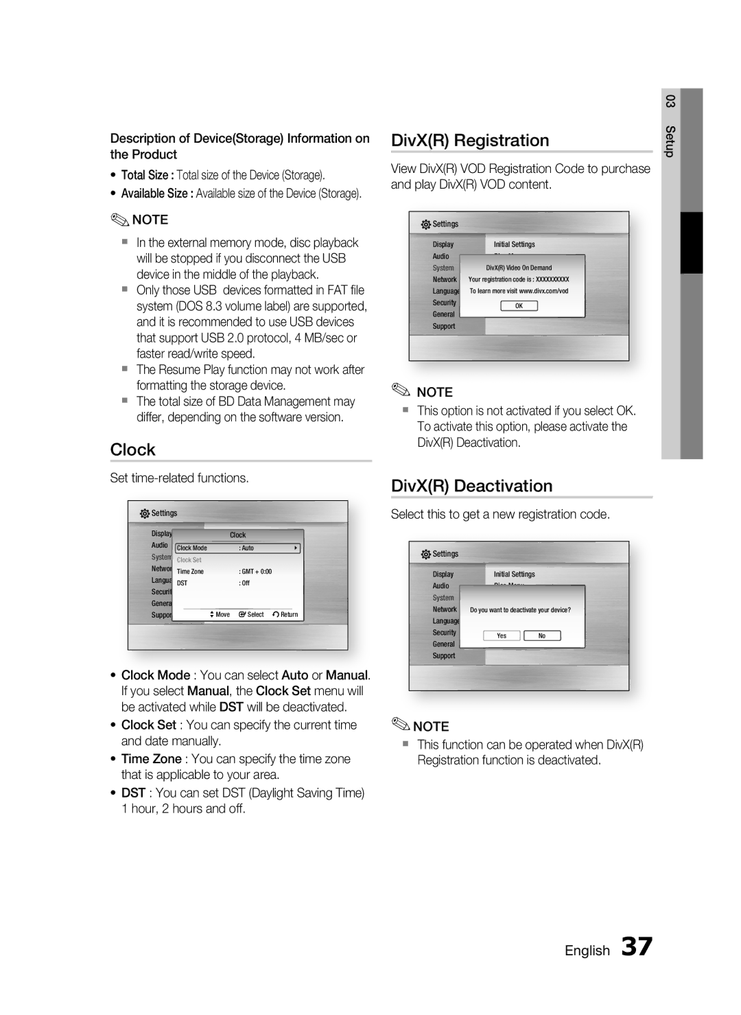 Samsung HT-C5950P/XER, HT-C5950/XER, HT-C5900/XER Clock, DivXR Registration, DivXR Deactivation, Set time-related functions 