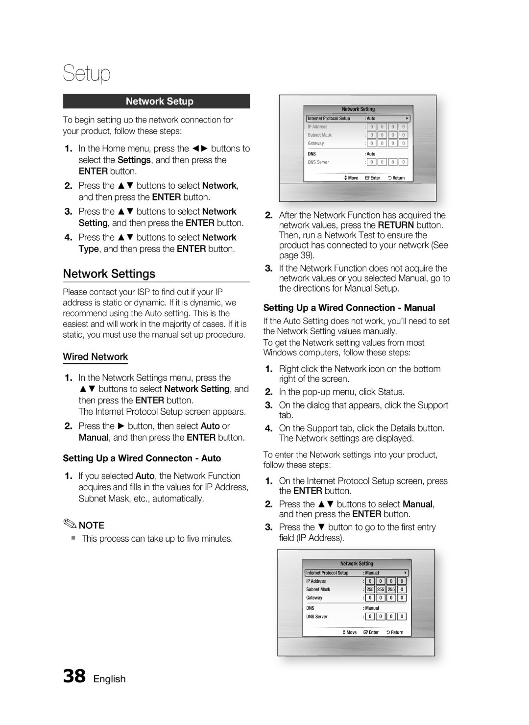 Samsung HT-C5900/XER manual Network Settings, Network Setup, Wired Network,  This process can take up to ﬁve minutes 