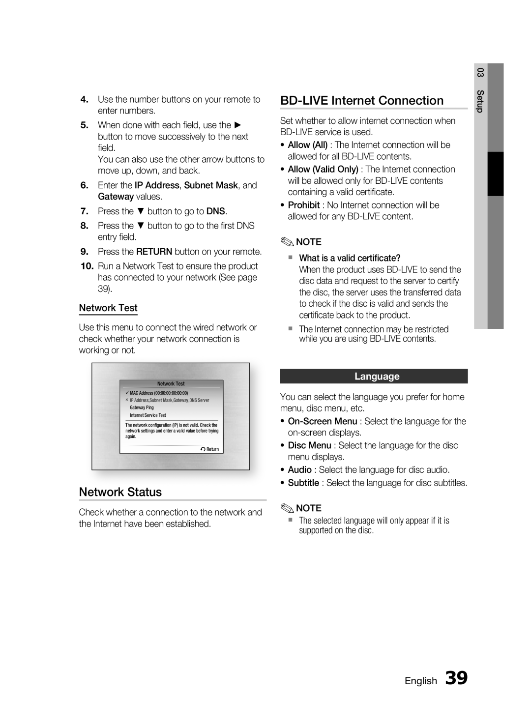 Samsung HT-C5950/XER, HT-C5950P/XER, HT-C5900/XER manual BD-LIVE Internet Connection, Network Status, Network Test, Language 