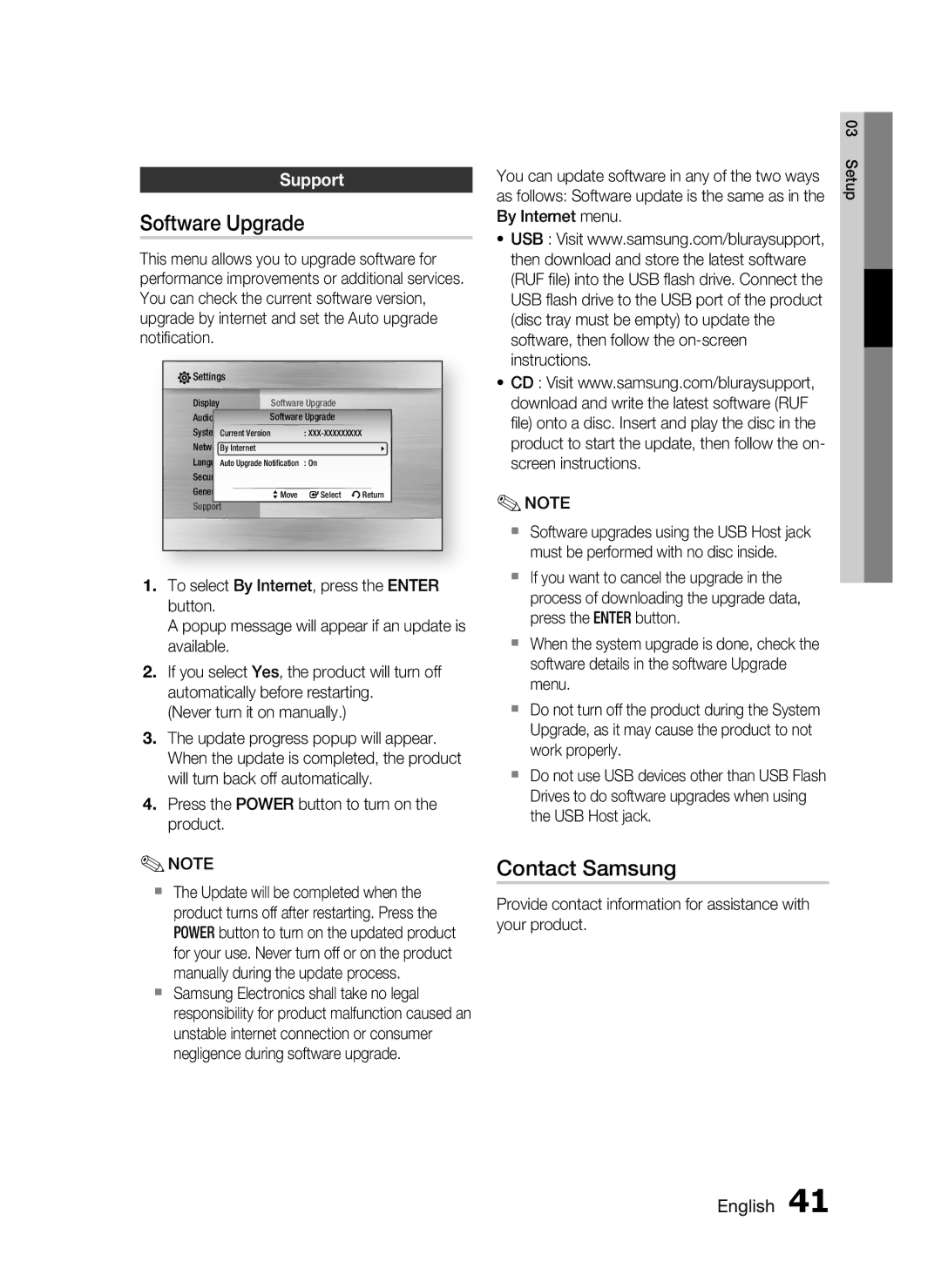 Samsung HT-C5900/XER, HT-C5950/XER, HT-C5950P/XER manual Software Upgrade, Contact Samsung, Support 