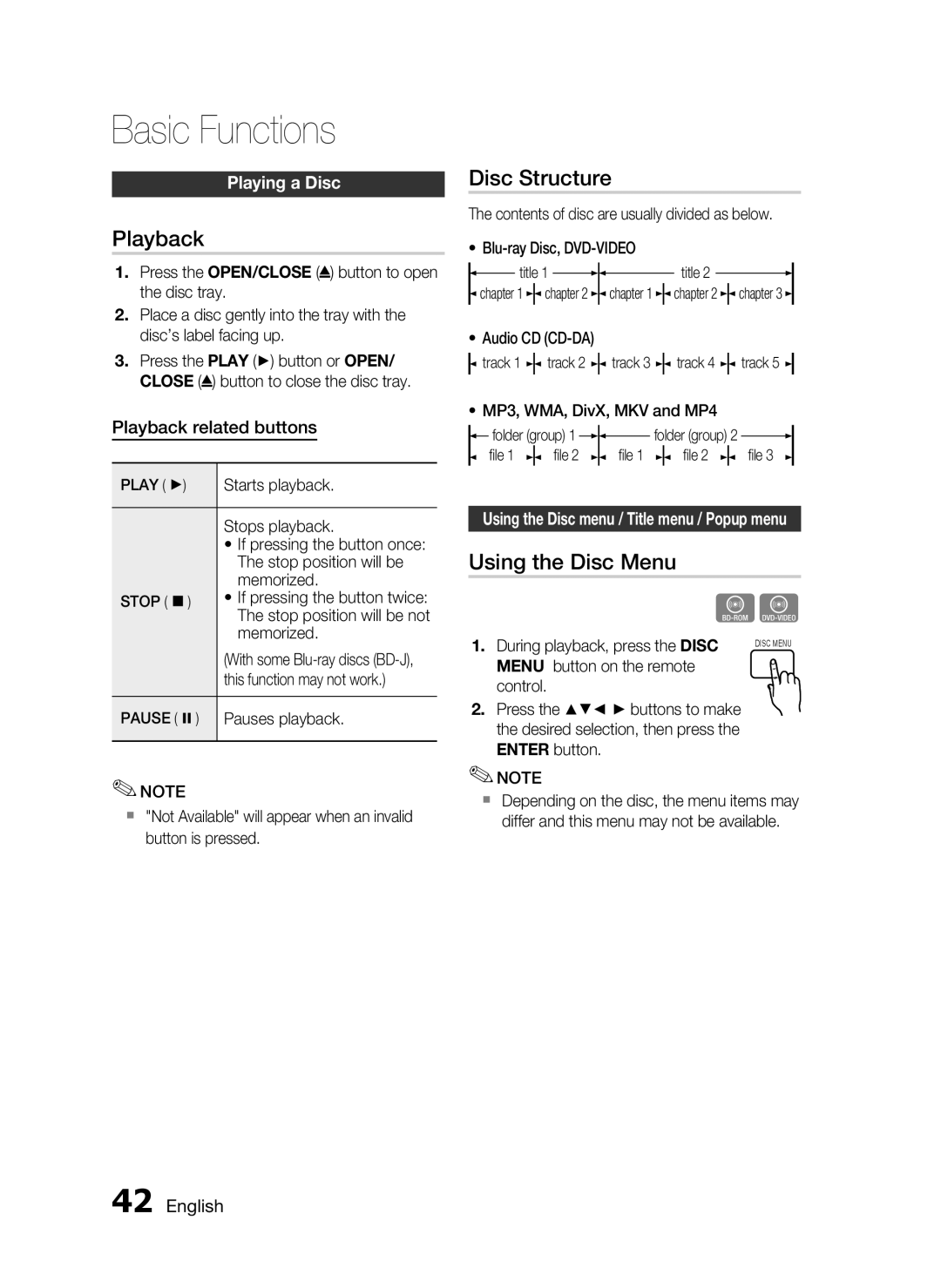 Samsung HT-C5950/XER, HT-C5950P/XER, HT-C5900/XER manual Basic Functions, Playback, Disc Structure, Using the Disc Menu 