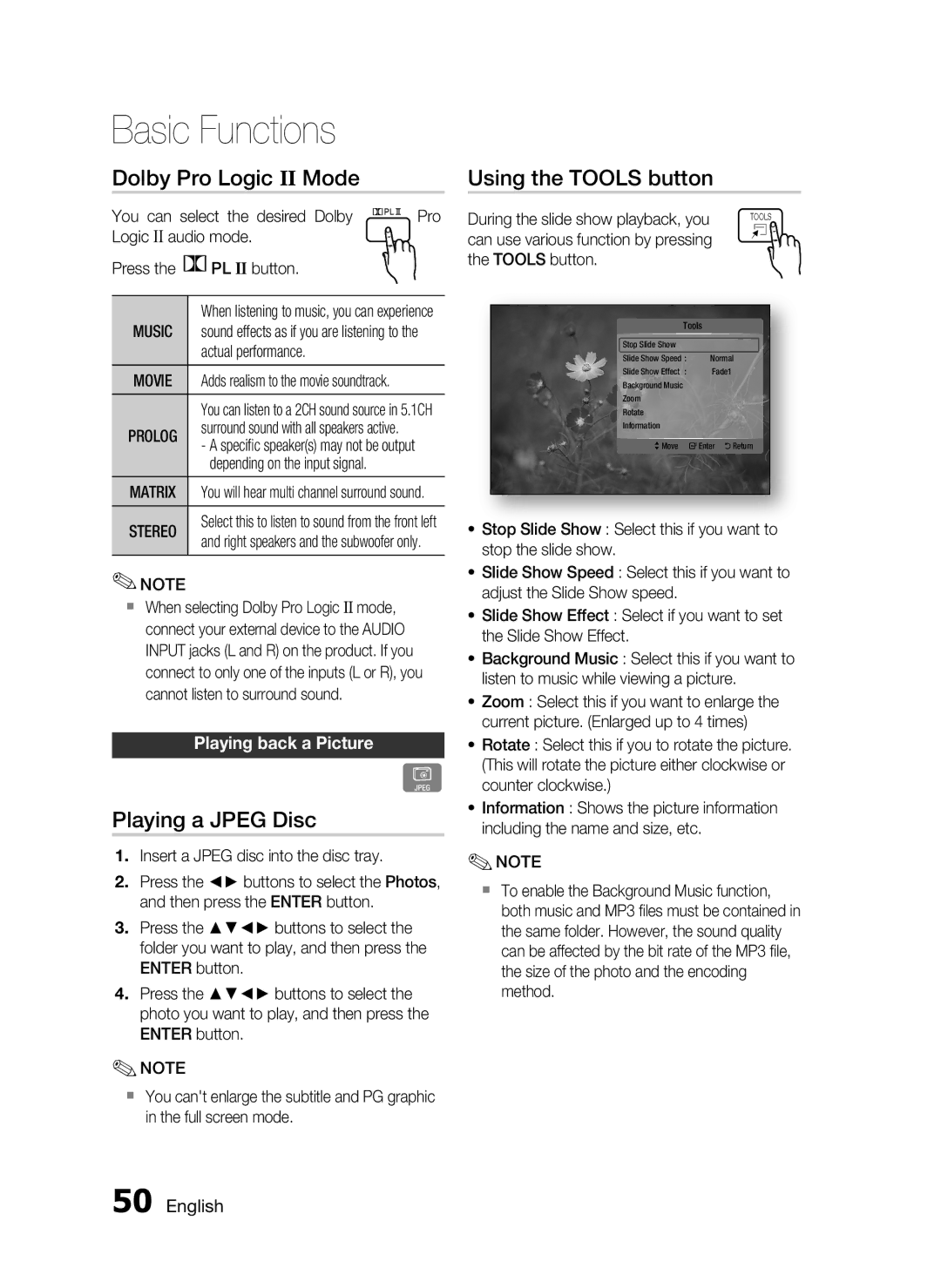 Samsung HT-C5900/XER Dolby Pro Logic II Mode, Playing a Jpeg Disc, Using the Tools button, Playing back a Picture, Music 