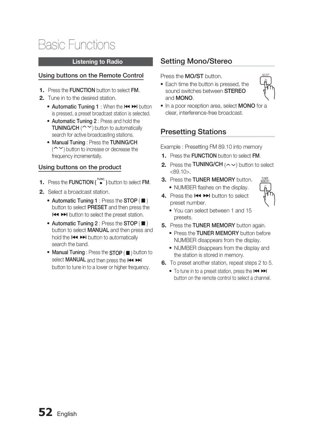 Samsung HT-C5950P/XER Setting Mono/Stereo, Presetting Stations, Listening to Radio, Using buttons on the Remote Control 