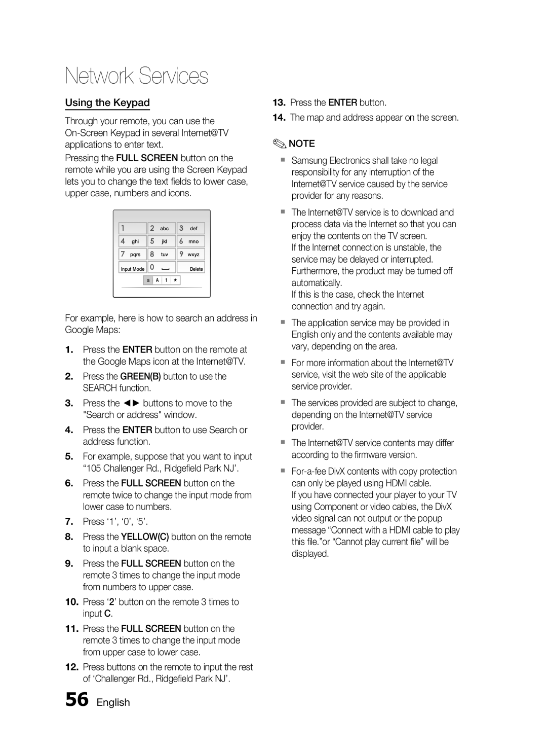 Samsung HT-C5900/XER, HT-C5950/XER manual Using the Keypad, For example, here is how to search an address in Google Maps 