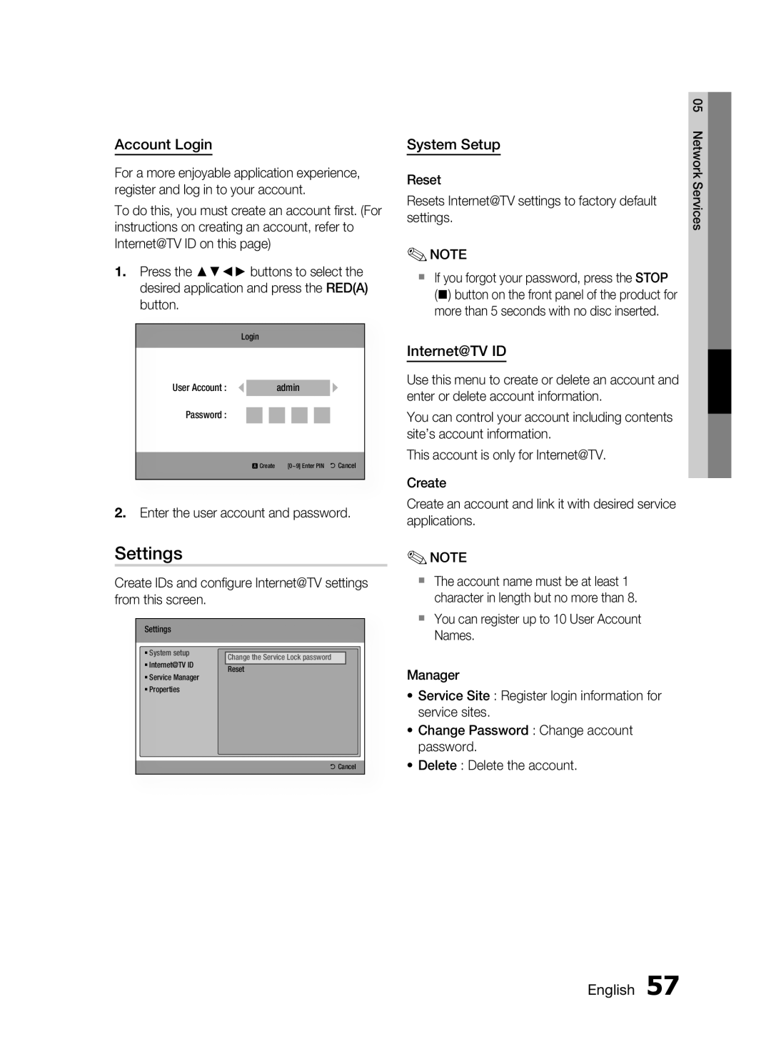 Samsung HT-C5950/XER, HT-C5950P/XER, HT-C5900/XER manual Settings, Account Login, System Setup, Internet@TV ID 