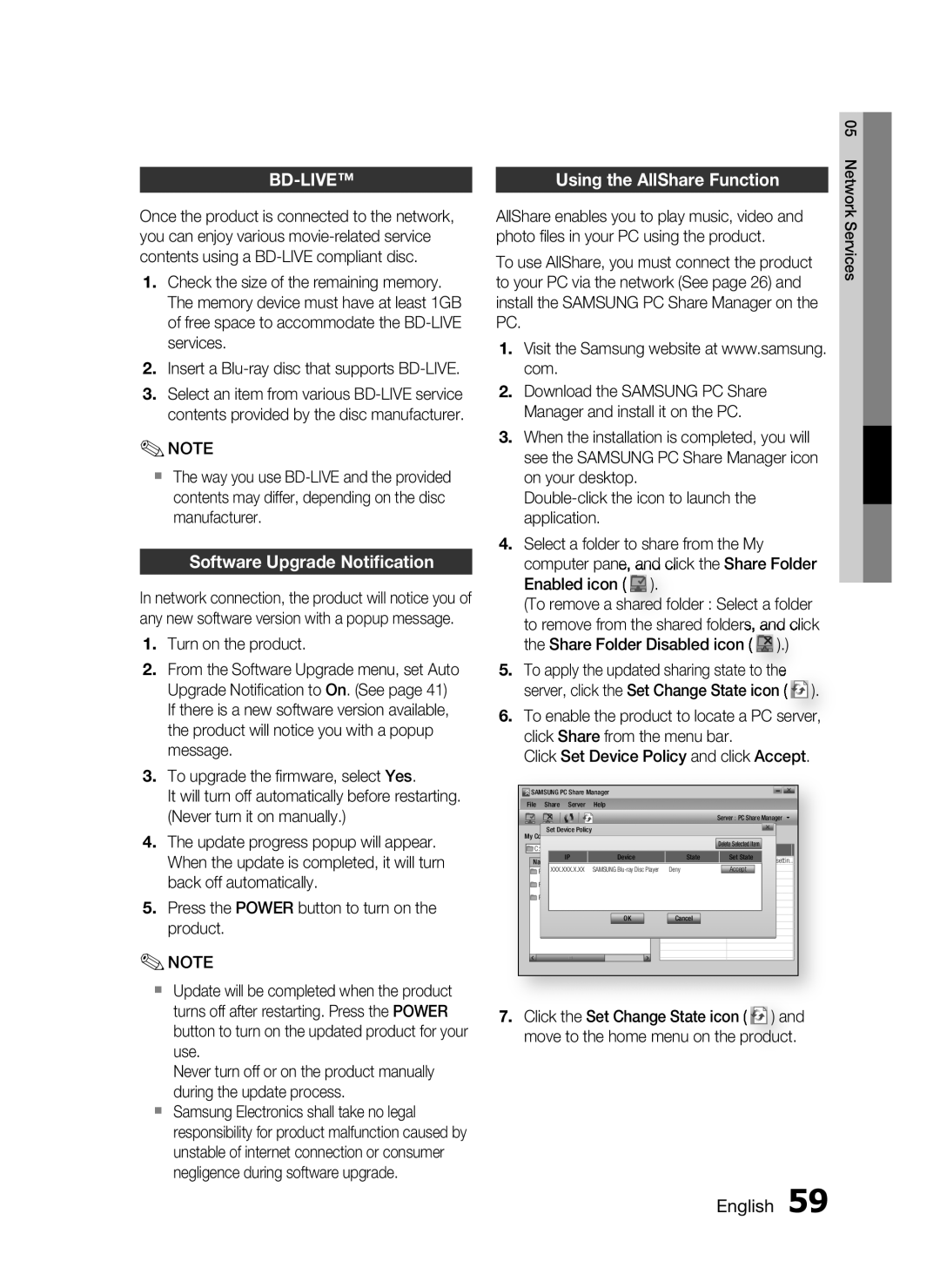 Samsung HT-C5900/XER, HT-C5950/XER, HT-C5950P/XER manual Software Upgrade Notiﬁcation, Using the AllShare Function 