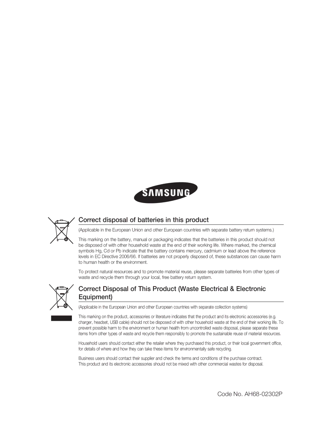 Samsung HT-C5950P/XER, HT-C5950/XER, HT-C5900/XER manual Correct disposal of batteries in this product 