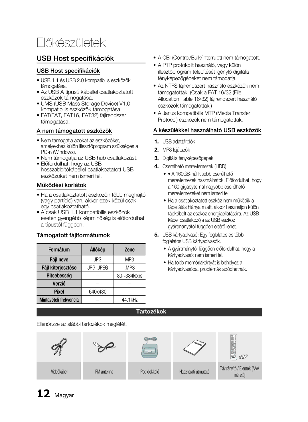 Samsung HT-C6200/EDC, HT-C6200/XEF, HT-C6200/XEE manual USB Host speciﬁkációk, Tartozékok 