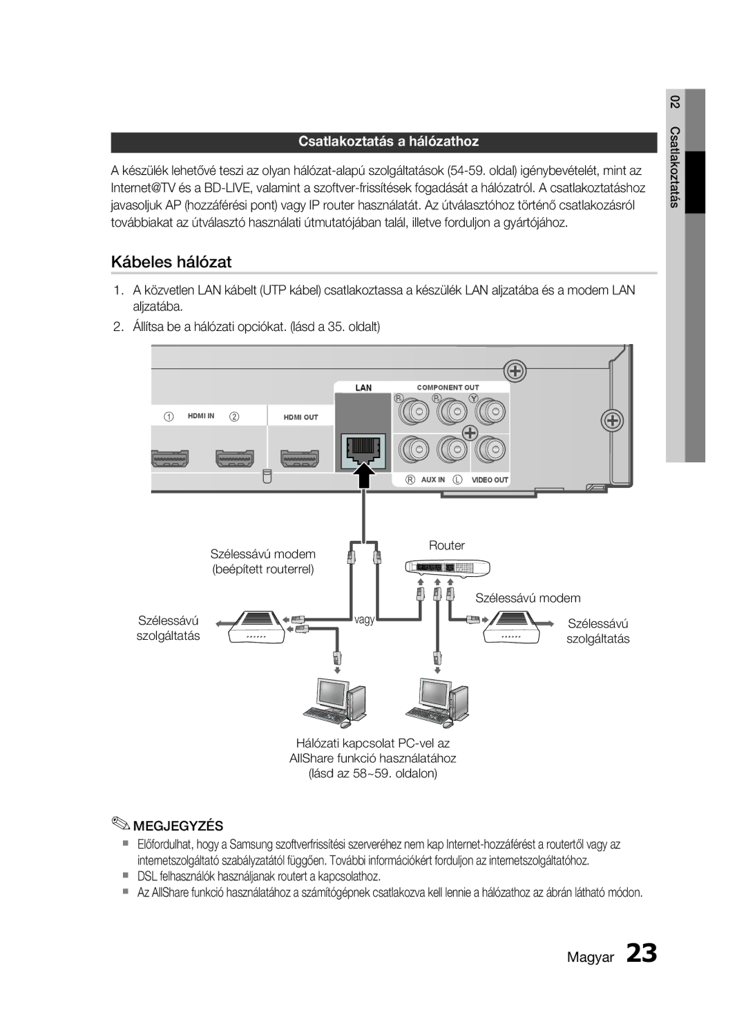 Samsung HT-C6200/XEE manual Csatlakoztatás a hálózathoz, Szélessávú Szolgáltatás, Router Szélessávú modem Szolgáltatás 