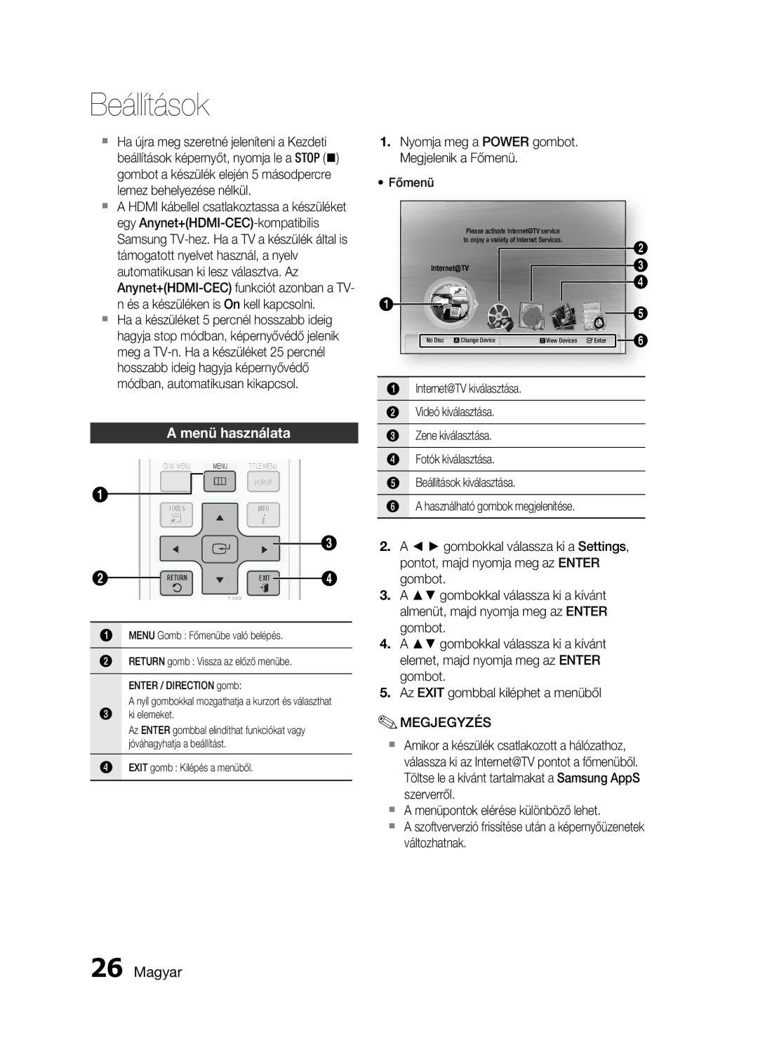 Samsung HT-C6200/XEE, HT-C6200/EDC manual Menü használata, Nyomja meg a Power gombot. Megjelenik a Főmenü, Ki elemeket 