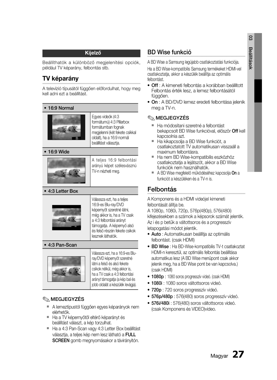 Samsung HT-C6200/EDC, HT-C6200/XEF, HT-C6200/XEE manual BD Wise funkció, Felbontás, Kijelző 