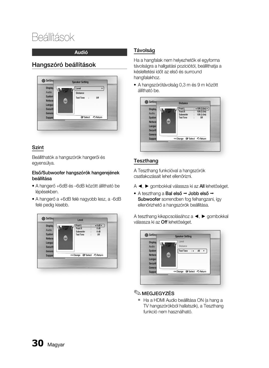 Samsung HT-C6200/EDC, HT-C6200/XEF, HT-C6200/XEE manual Hangszóró beállítások, Audió, Szint, Távolság, Teszthang 