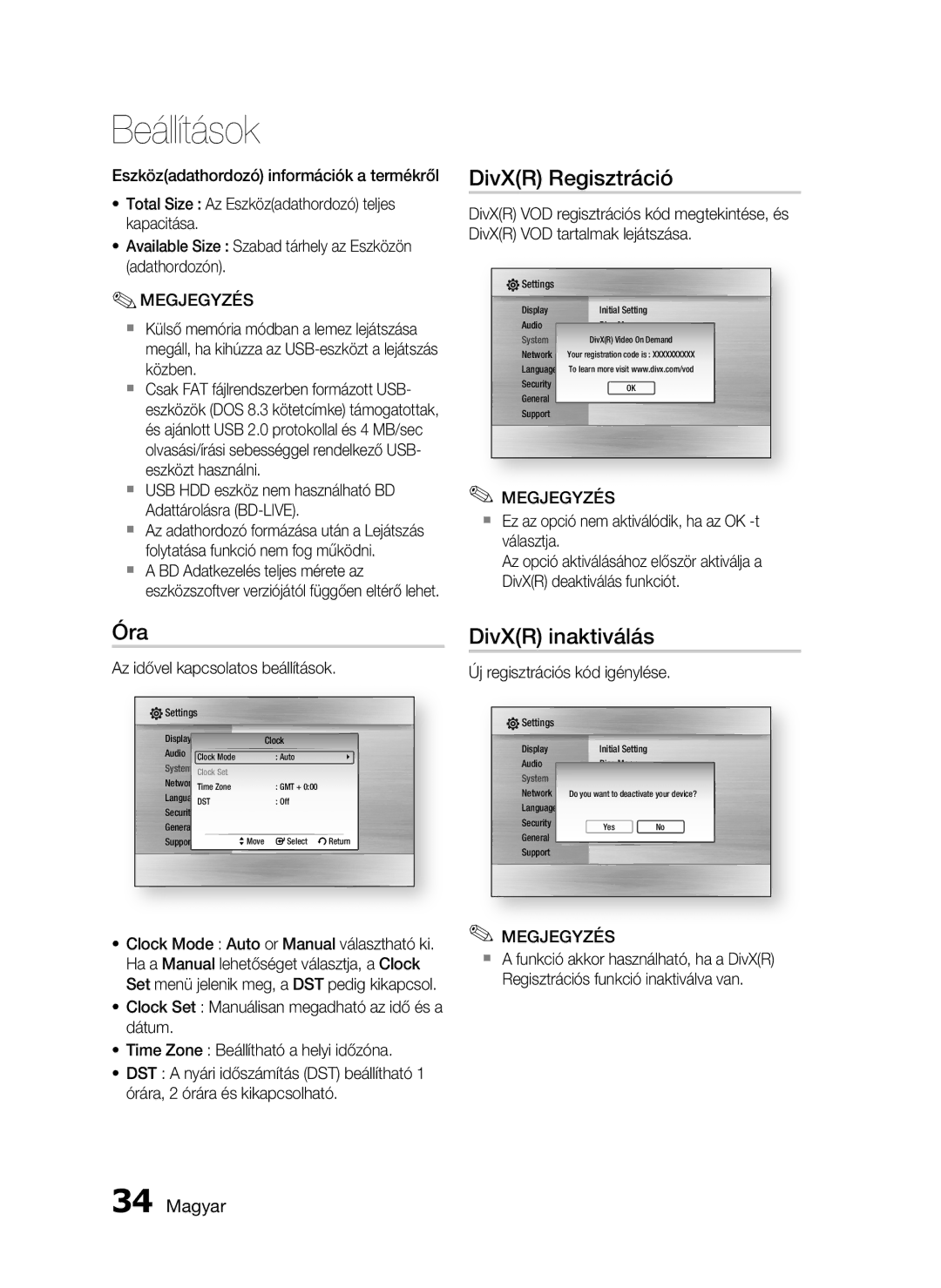 Samsung HT-C6200/XEF, HT-C6200/EDC, HT-C6200/XEE manual DivXR Regisztráció, Óra, DivXR inaktiválás 