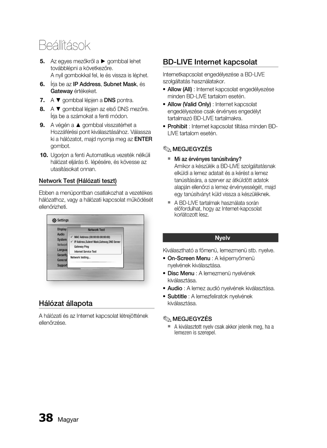 Samsung HT-C6200/XEE, HT-C6200/EDC manual BD-LIVE Internet kapcsolat, Hálózat állapota, Network Test Hálózati teszt, Nyelv 