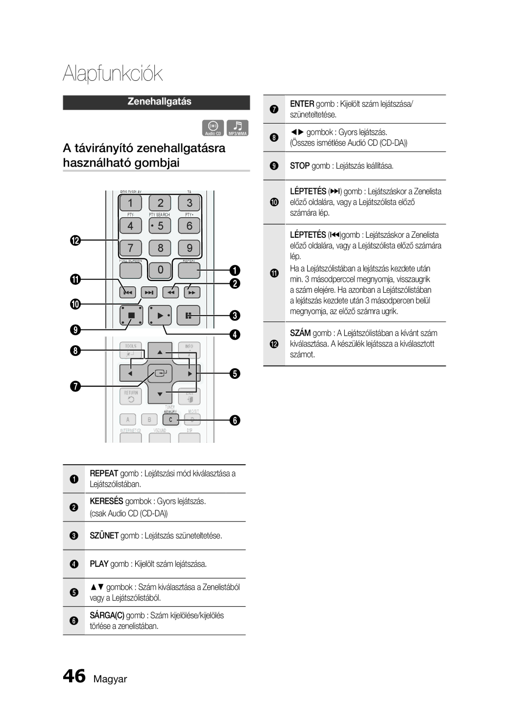 Samsung HT-C6200/XEF manual Távirányító zenehallgatásra használható gombjai, Zenehallgatás, Stop gomb Lejátszás leállítása 