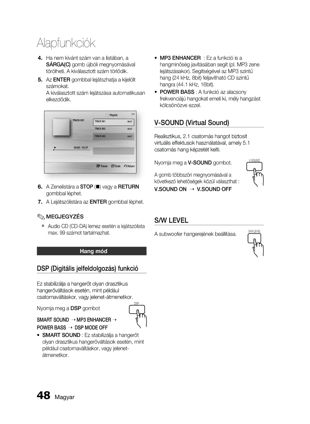 Samsung HT-C6200/EDC, HT-C6200/XEF, HT-C6200/XEE manual Sound Virtual Sound, DSP Digitális jelfeldolgozás funkció, Hang mód 