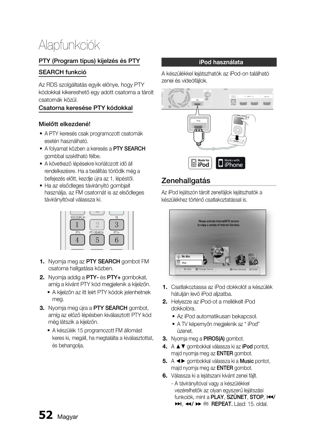 Samsung HT-C6200/XEF, HT-C6200/EDC manual Zenehallgatás, PTY Program típus kijelzés és PTY Search funkció, IPod használata 