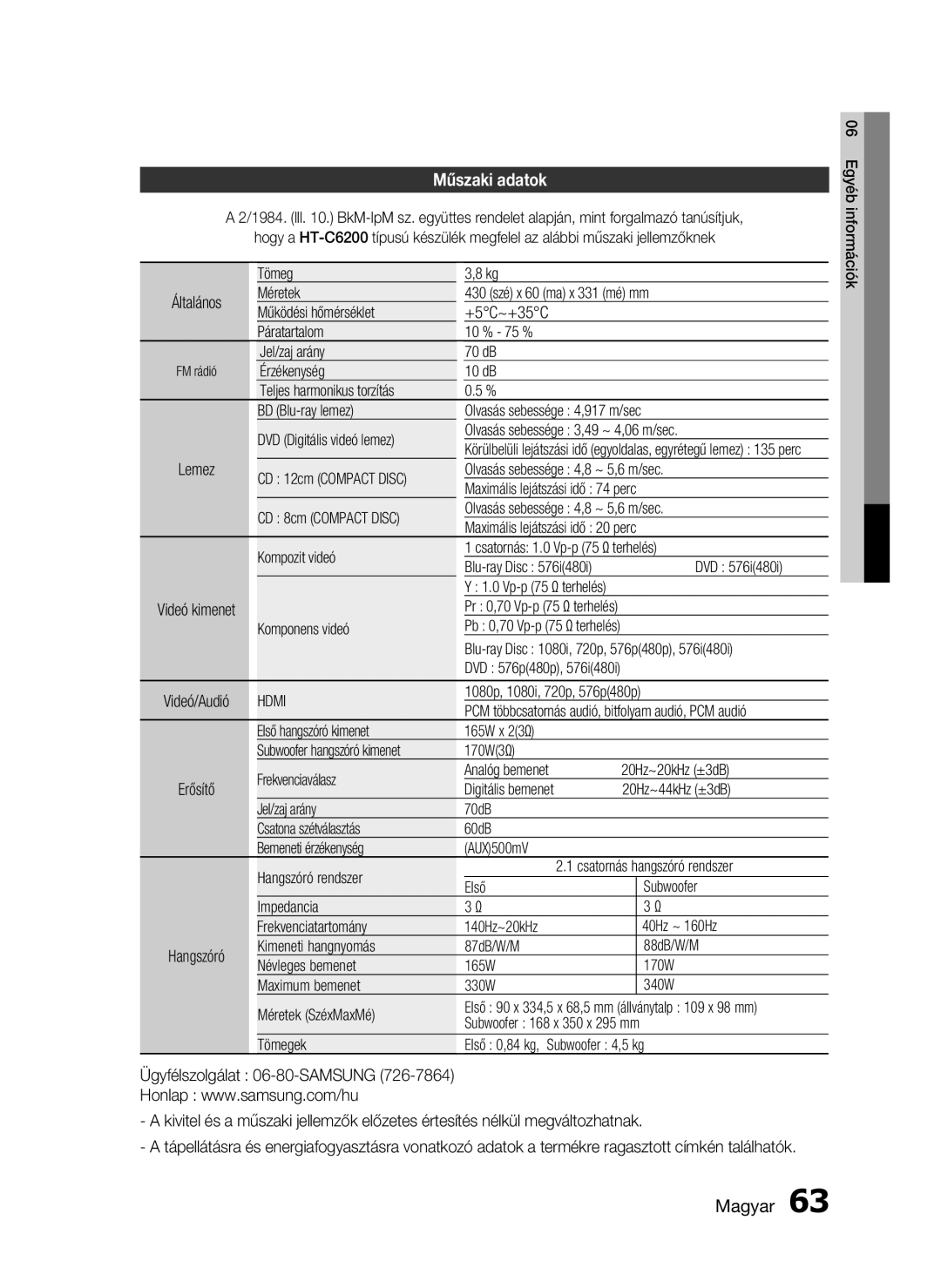 Samsung HT-C6200/EDC, HT-C6200/XEF, HT-C6200/XEE manual Műszaki adatok 