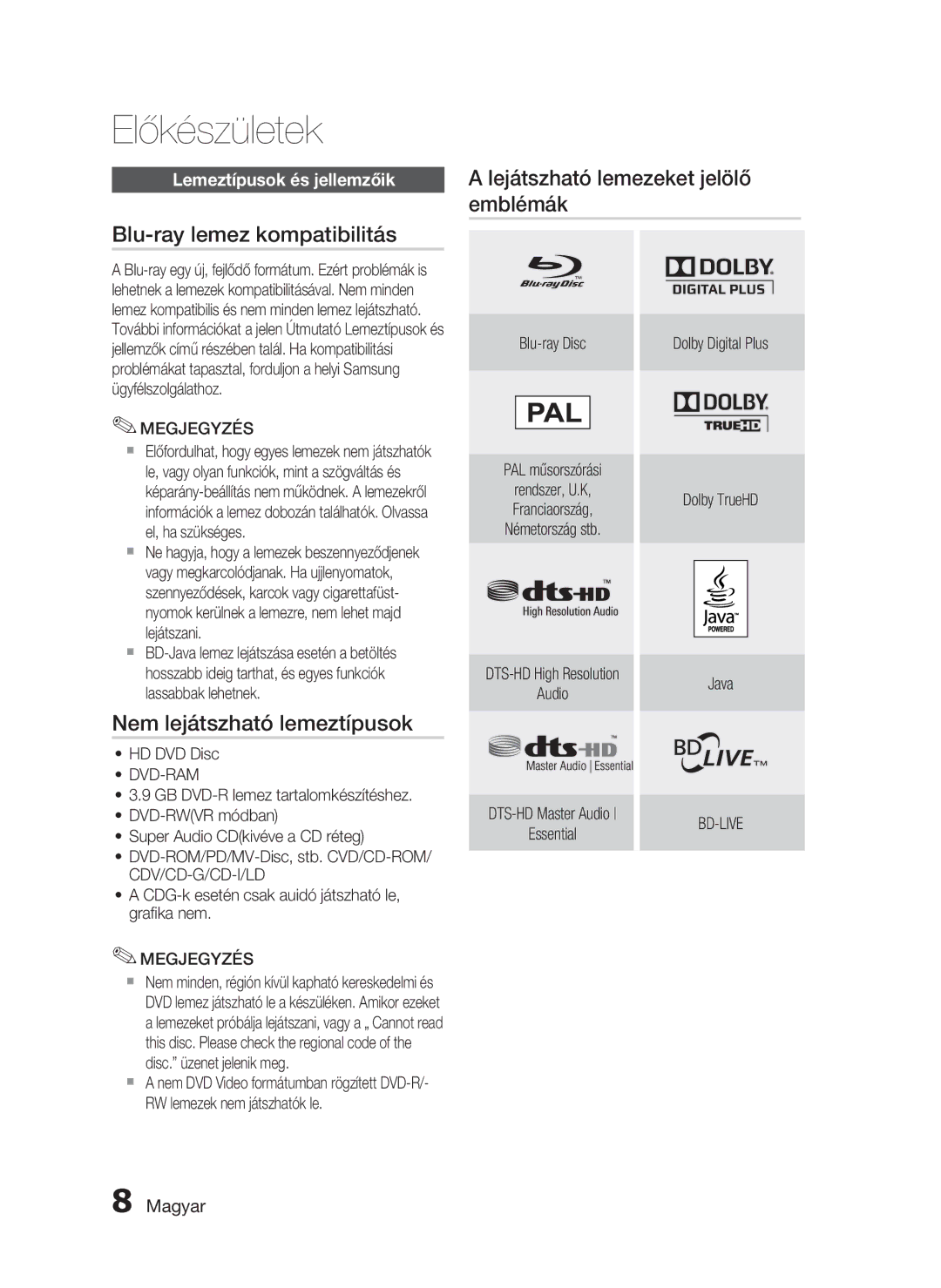 Samsung HT-C6200/XEE, HT-C6200/EDC, HT-C6200/XEF manual Nem lejátszható lemeztípusok, Lemeztípusok és jellemzőik, Dvd-Ram 