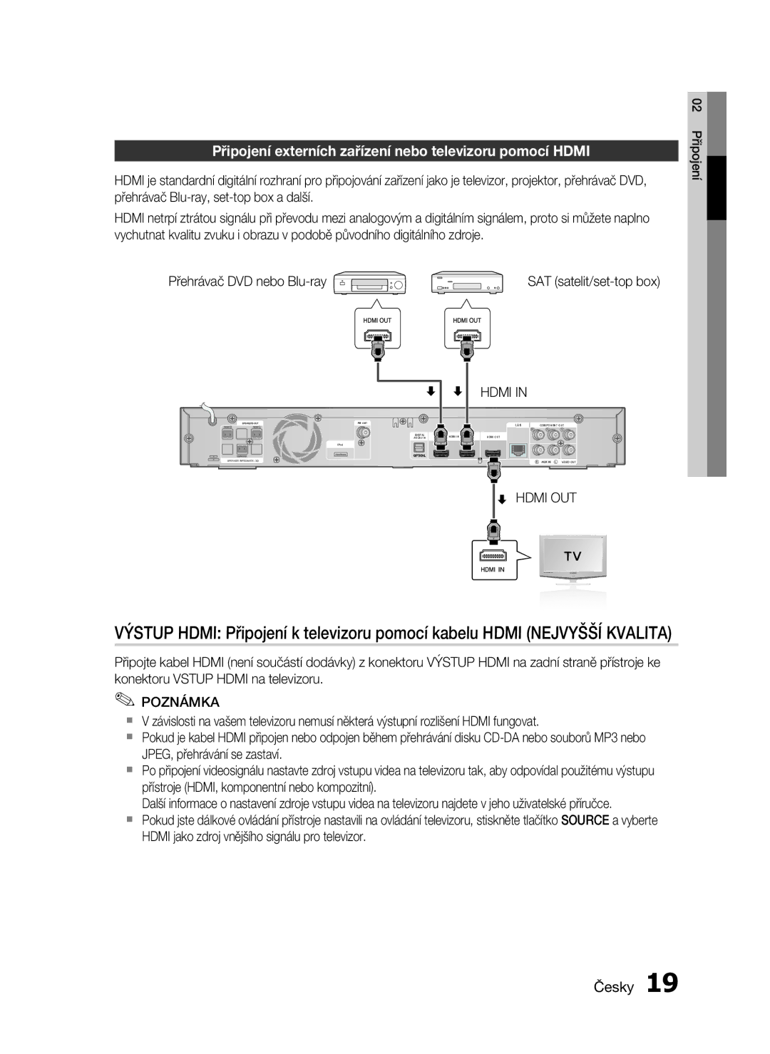 Samsung HT-C6200/XEF manual Připojení externích zařízení nebo televizoru pomocí Hdmi, Přehrávač DVD nebo Blu-ray, Hdmi OUT 