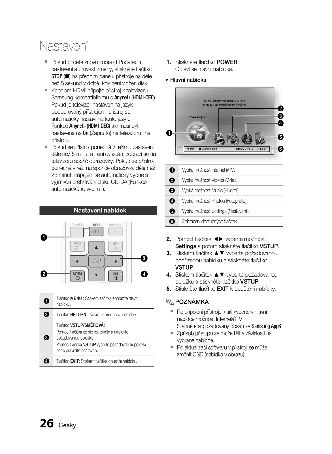 Samsung HT-C6200/EDC, HT-C6200/XEF manual Nastavení nabídek, 26 Česky, Vstup 