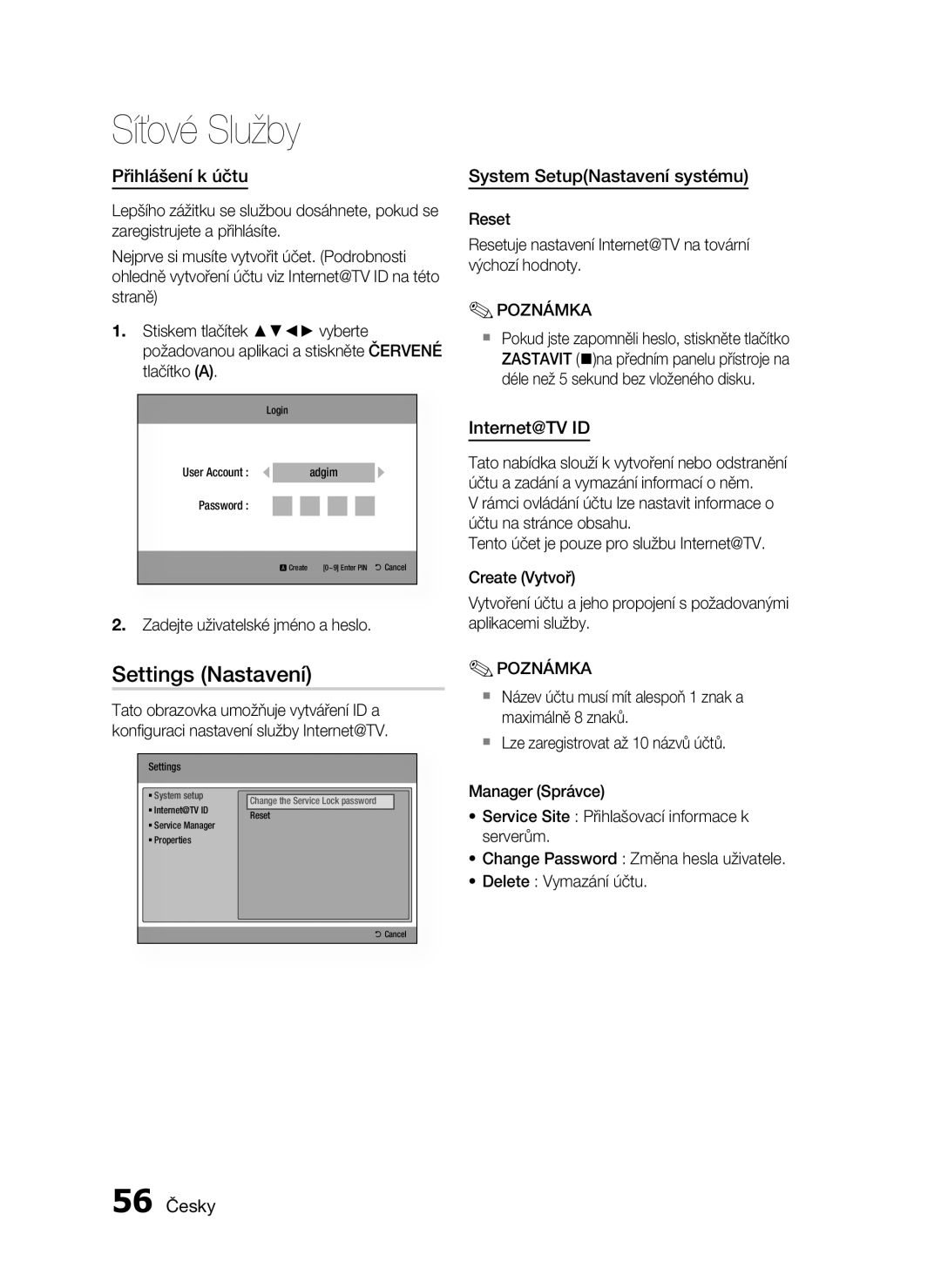 Samsung HT-C6200/EDC manual Settings Nastavení, Přihlášení k účtu, System SetupNastavení systému, Internet@TV ID, 56 Česky 