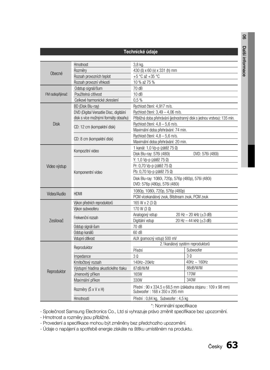 Samsung HT-C6200/XEF, HT-C6200/EDC manual Technické údaje 