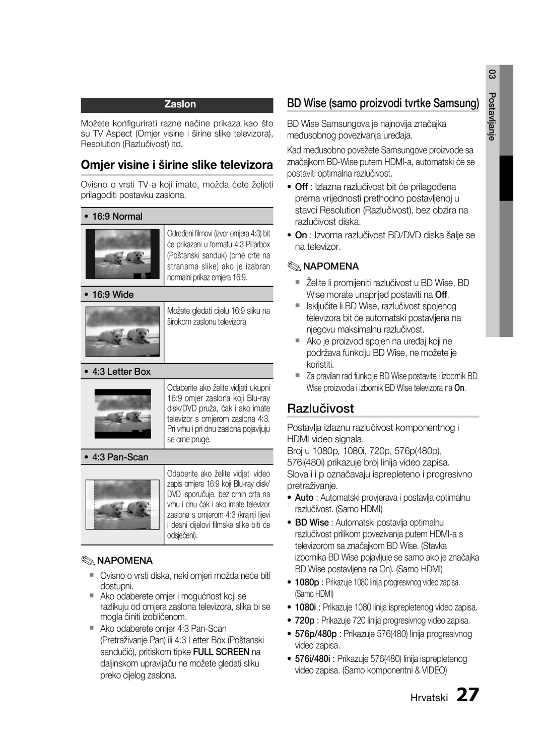 Samsung HT-C6200/EDC manual Razlučivost, Zaslon, BD Wise samo proizvodi tvrtke Samsung 