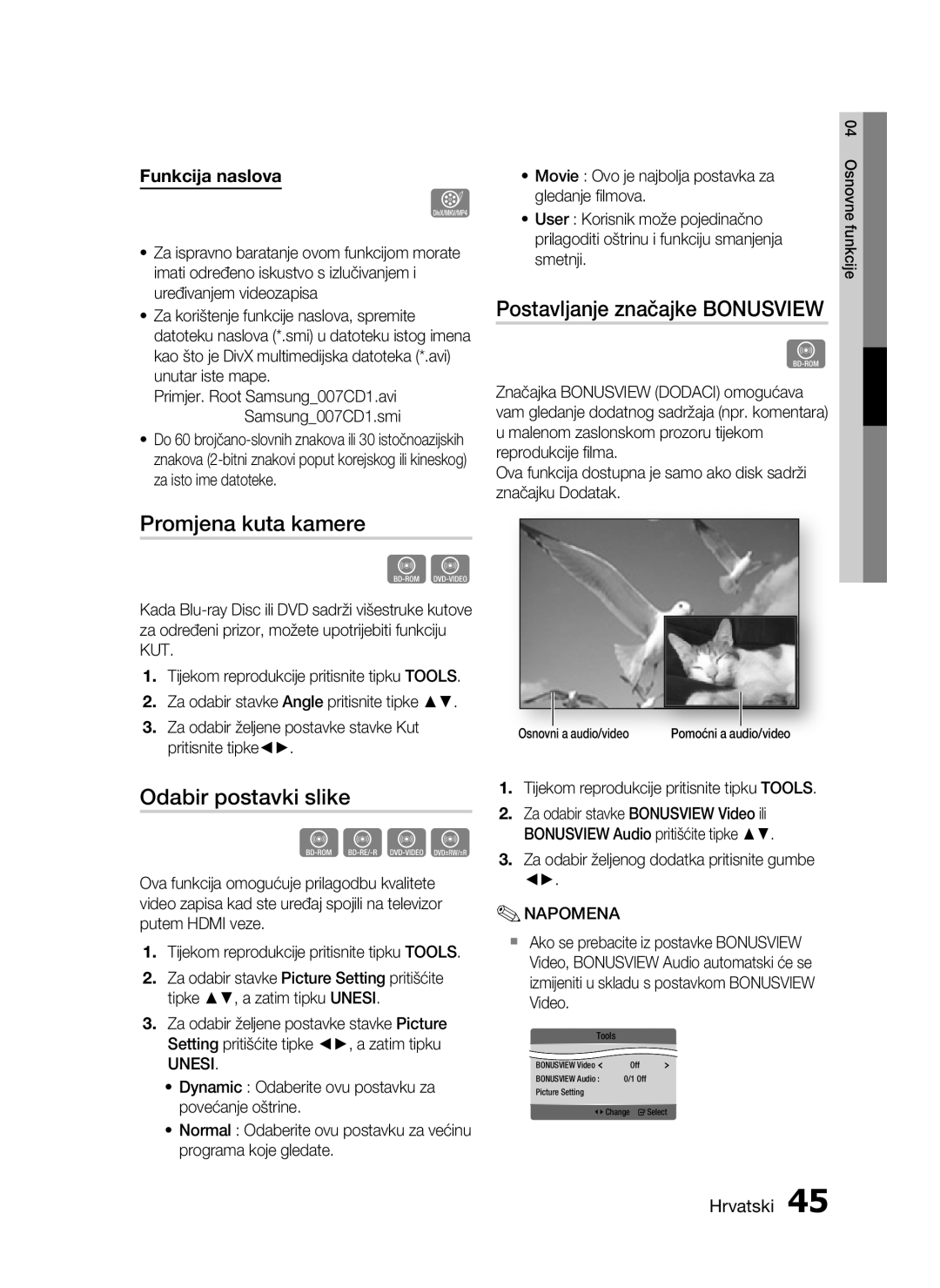 Samsung HT-C6200/EDC manual Postavljanje značajke Bonusview, Promjena kuta kamere, Odabir postavki slike 