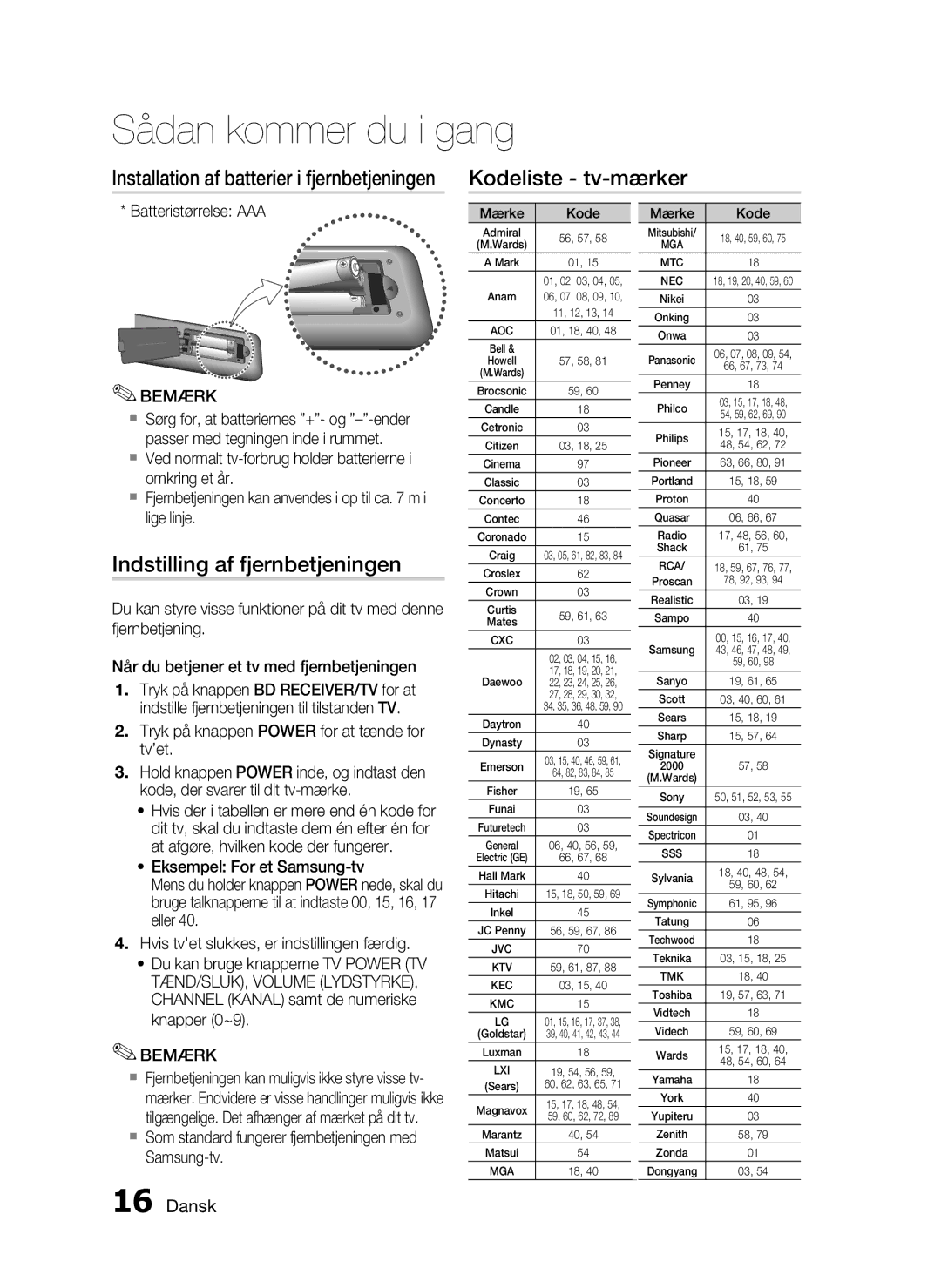 Samsung HT-C6200/XEE manual Kodeliste tv-mærker, Indstilling af fjernbetjeningen, Batteristørrelse AAA 