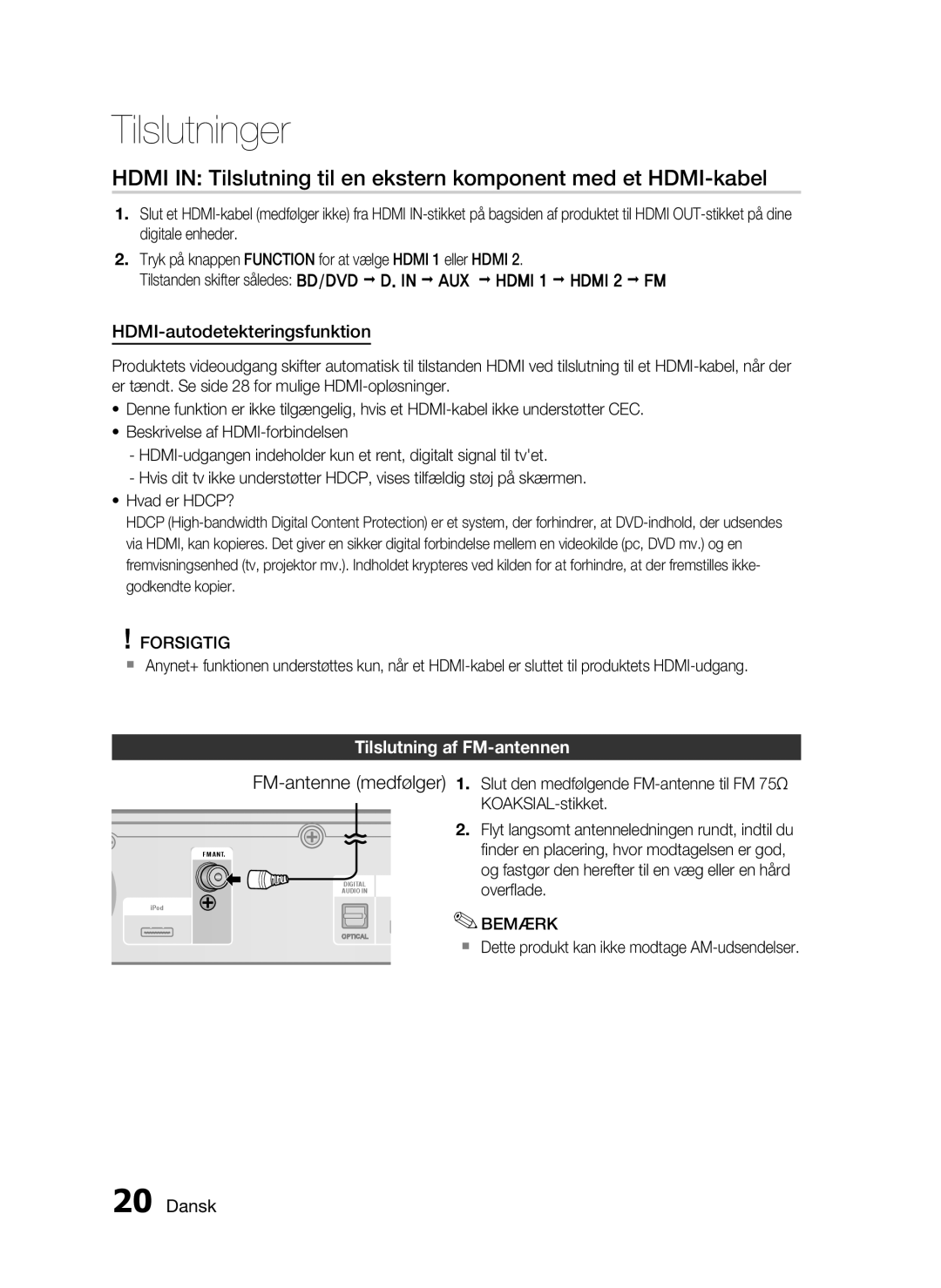 Samsung HT-C6200/XEE HDMI-autodetekteringsfunktion, Tilslutning af FM-antennen, Slut den medfølgende FM-antenne til FM 